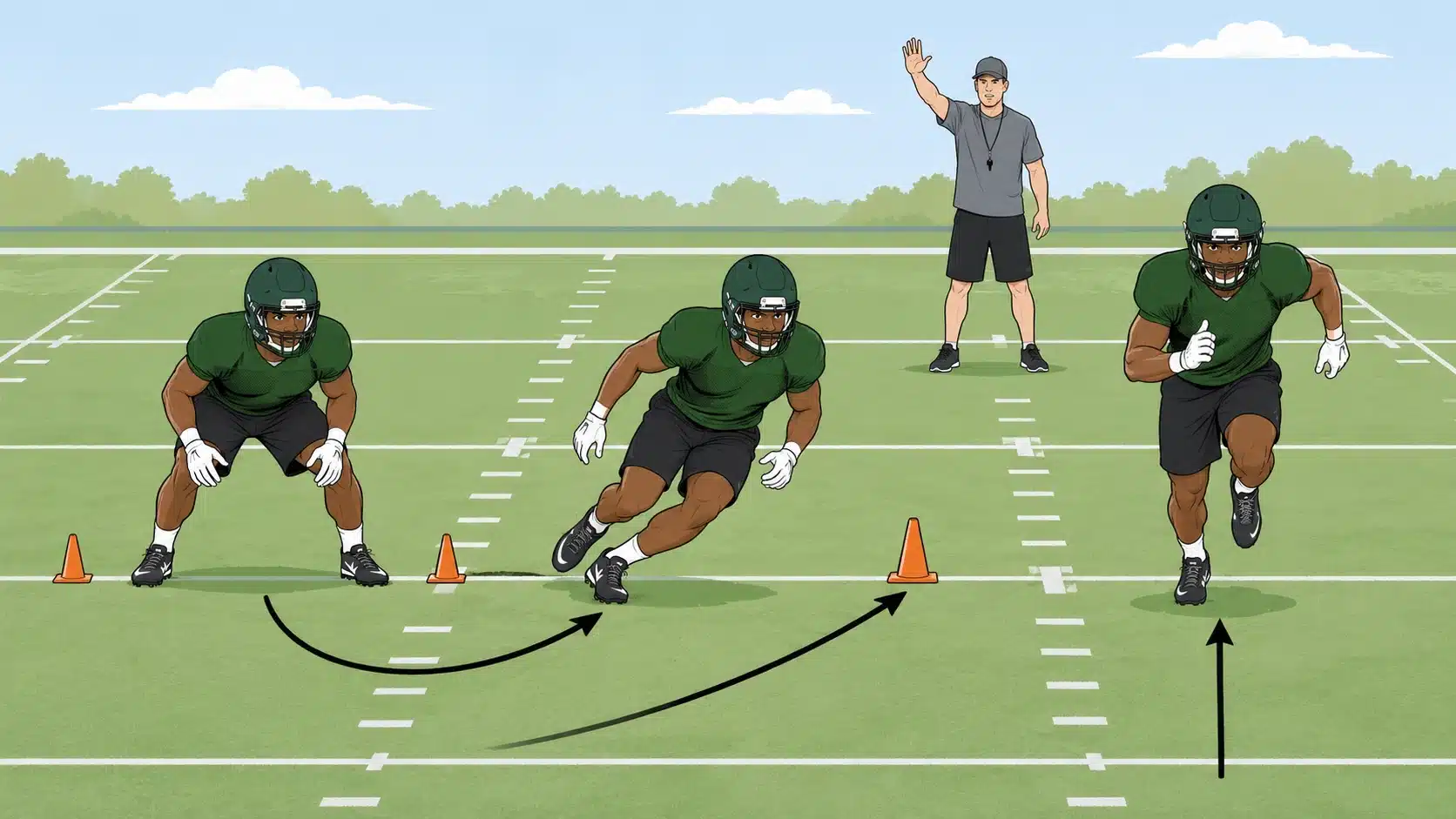 linebacker cutting at a sharp angle between cones before squaring up and sprinting forward on the field
