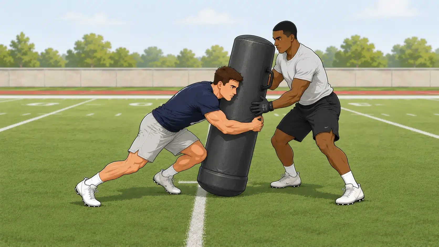 linebacker driving into a tackling pad with shoulder contact and arms wrapped during form tackle drill