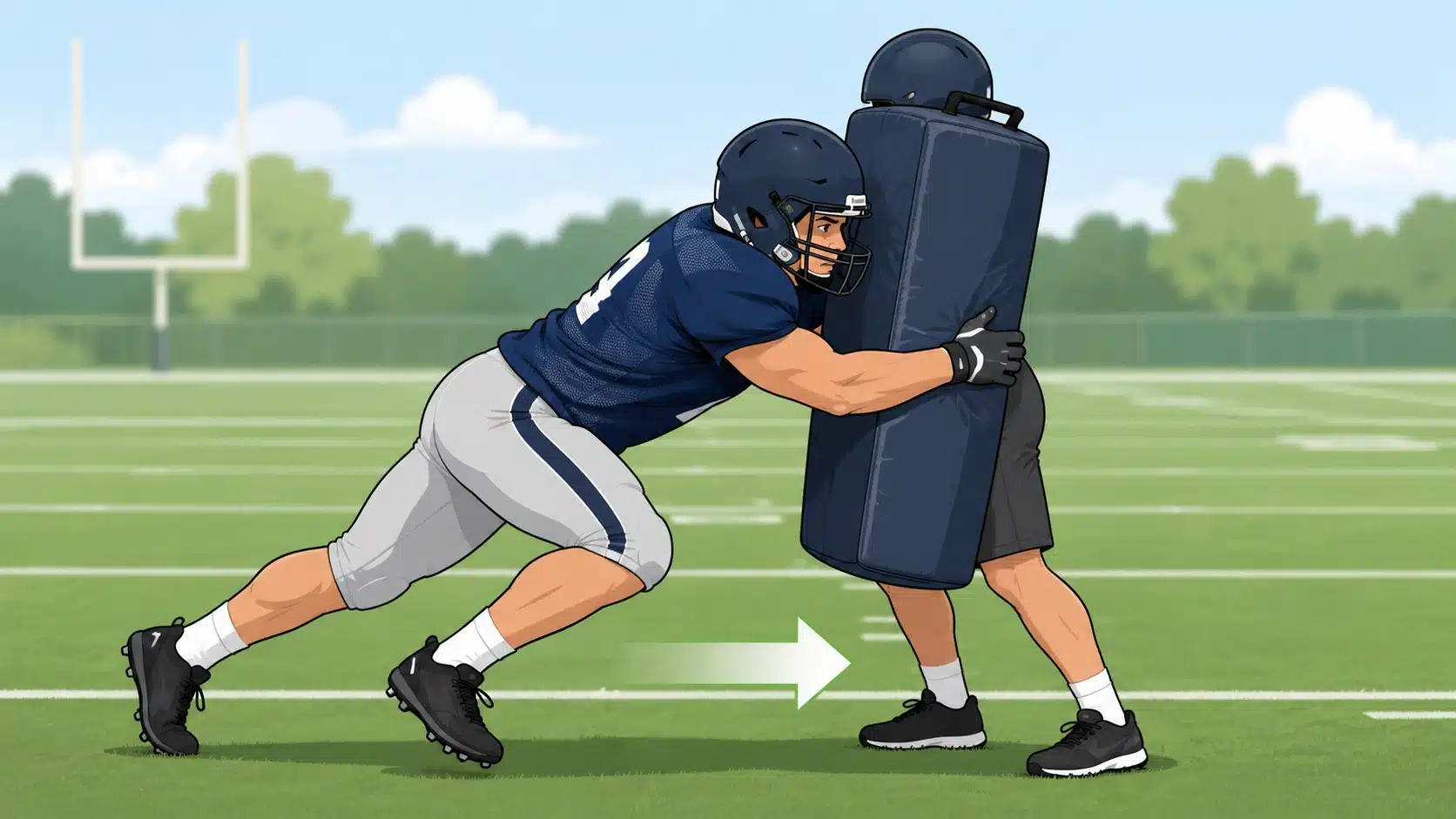linebacker driving shoulder into tackling pad with head to the side during leverage drill