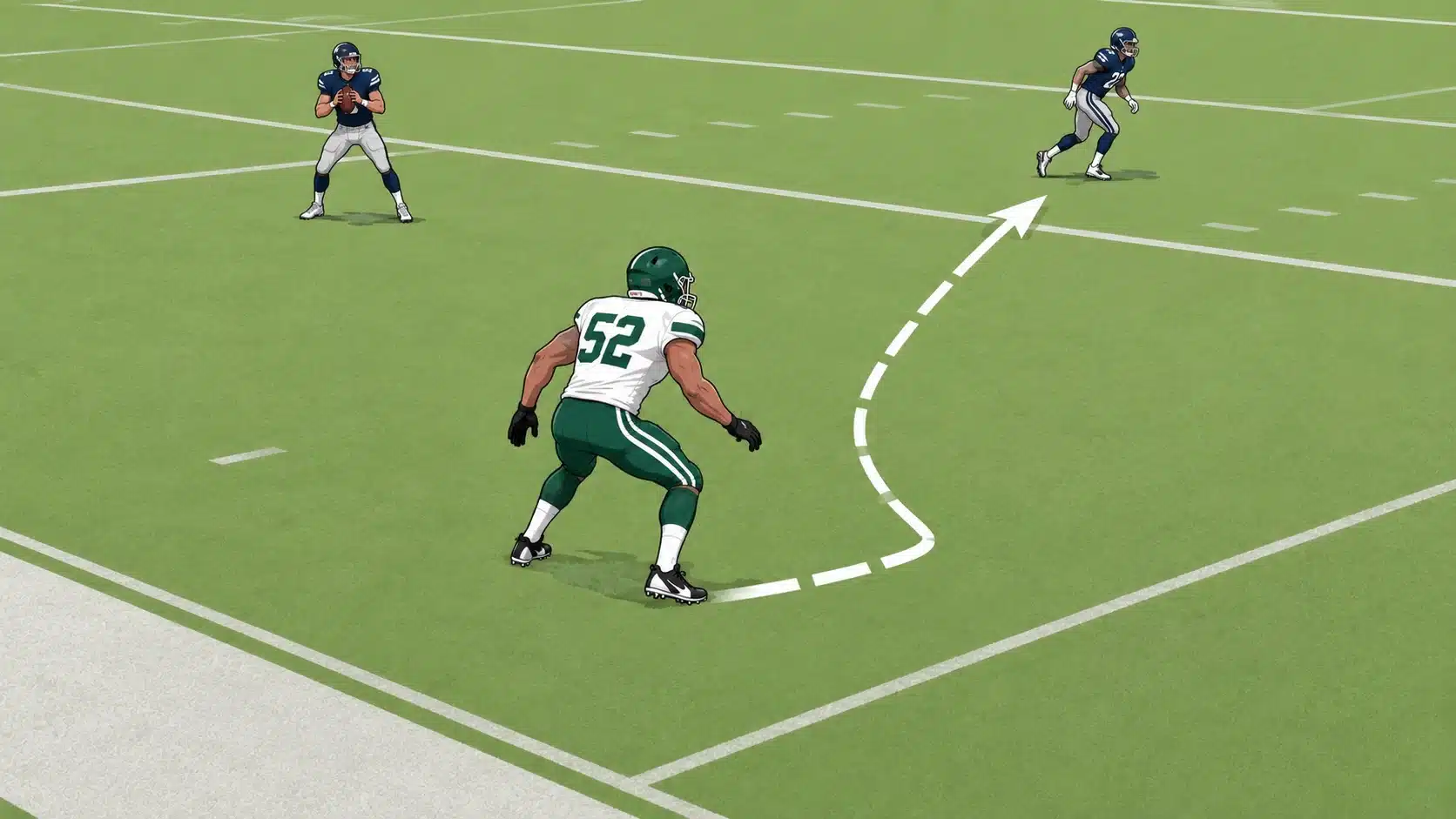 linebacker dropping into zone coverage while reading the quarterback and receiver on a football field
