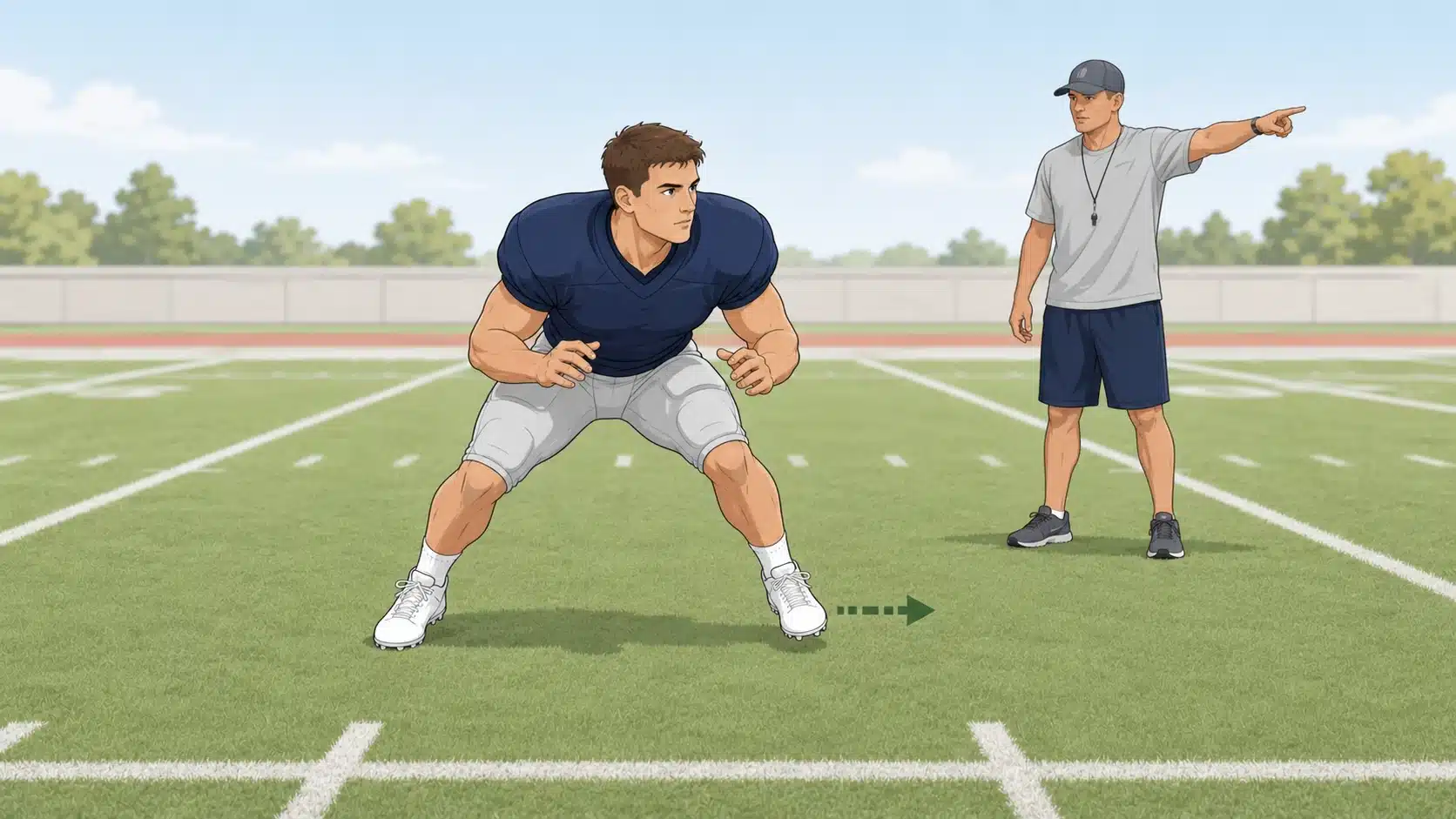 linebacker in low stance taking a short freeze step while coach points direction on football field