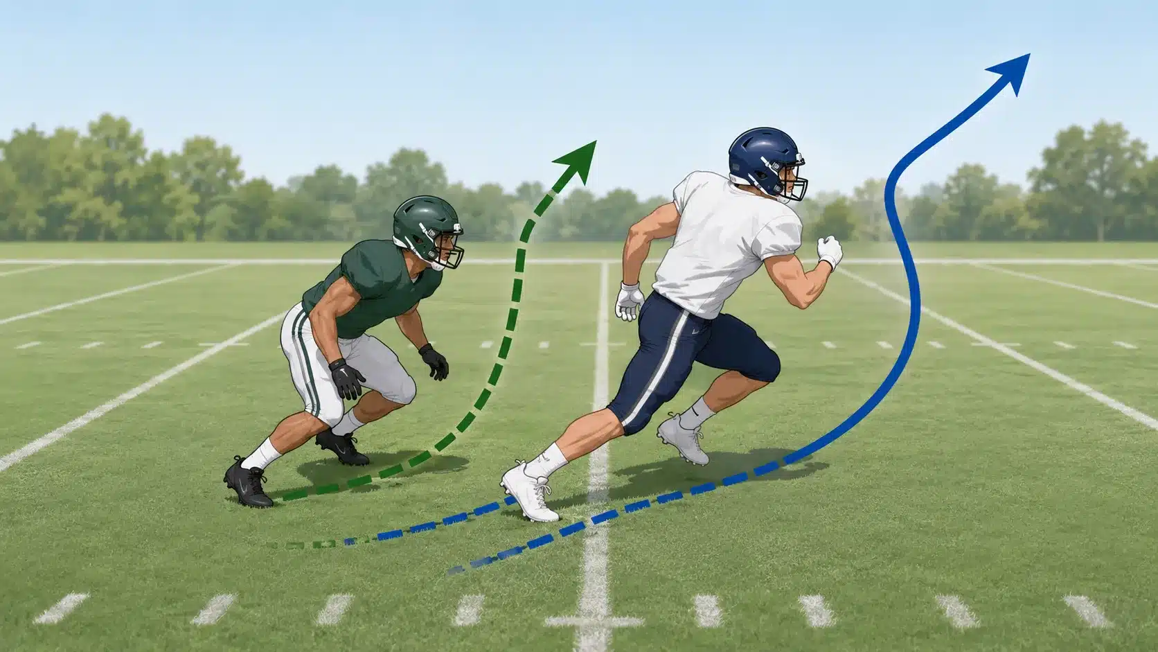 linebacker mirroring a receiver route from inside position with movement arrows on a football field