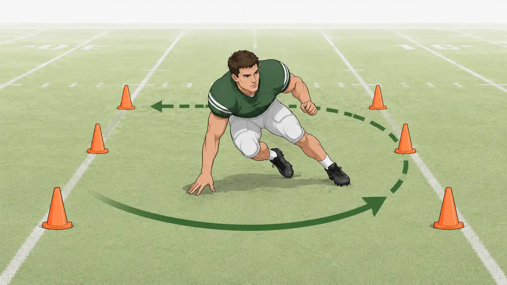 linebacker reaching toward the line during a short shuttle drill with cones and arrows showing lateral movement