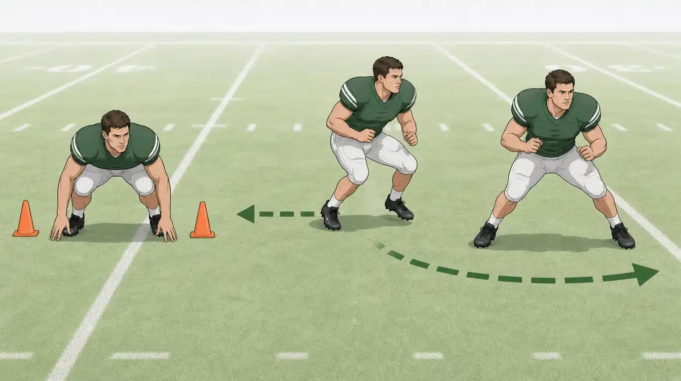 linebacker showing backpedal and shuffle movement with cones and arrows on a football field