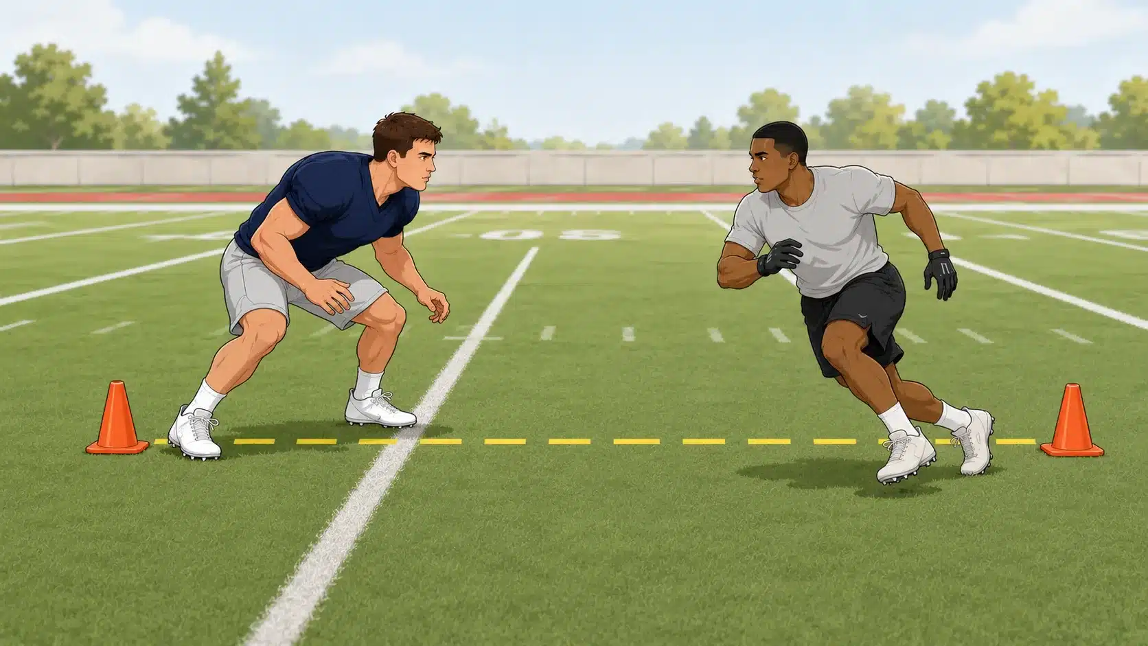 linebacker shuffling and mirroring a runner between cones during an alley fill drill on a football field