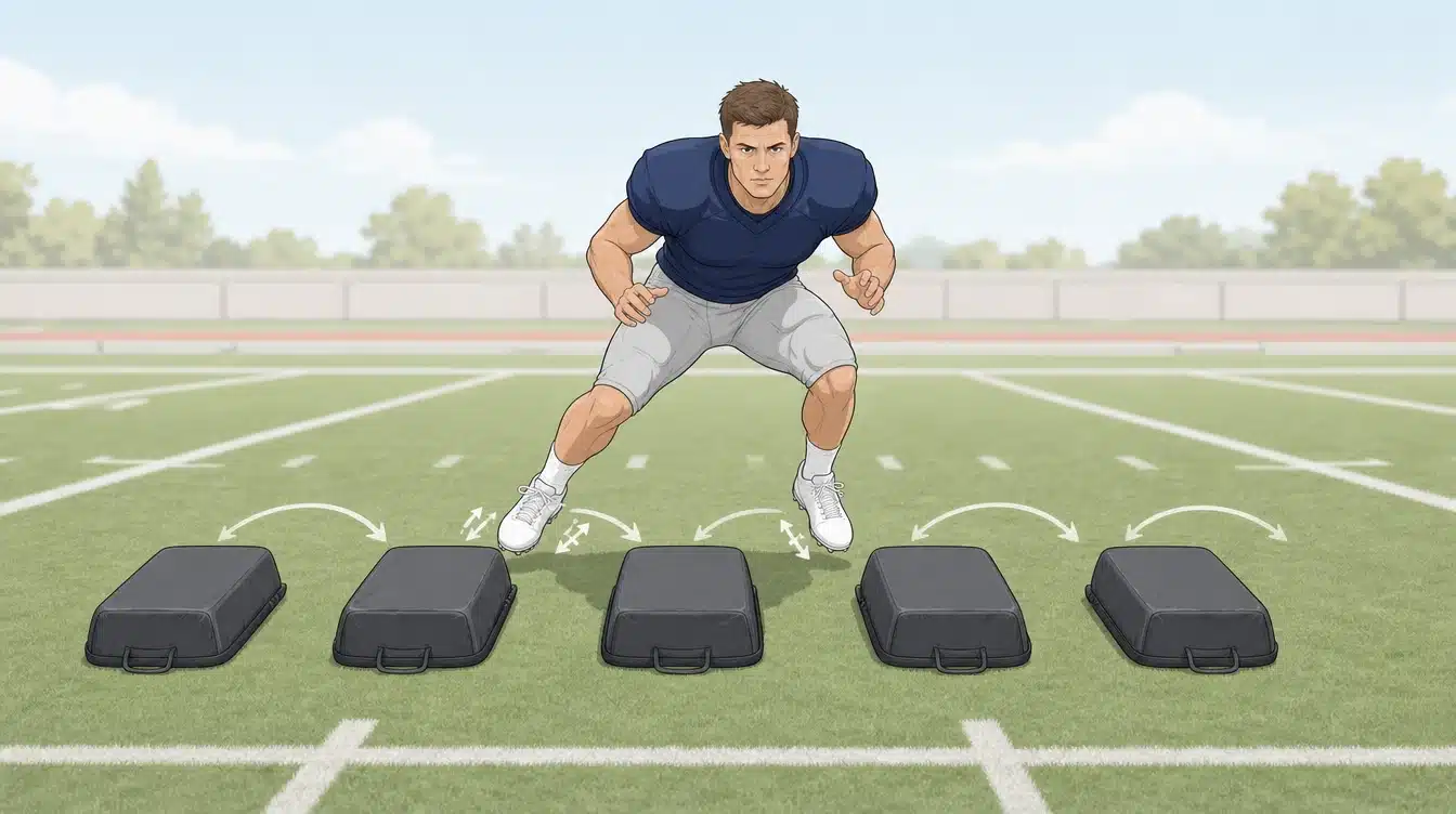 linebacker shuffling through five pads with arrows showing footwork on a football practice field