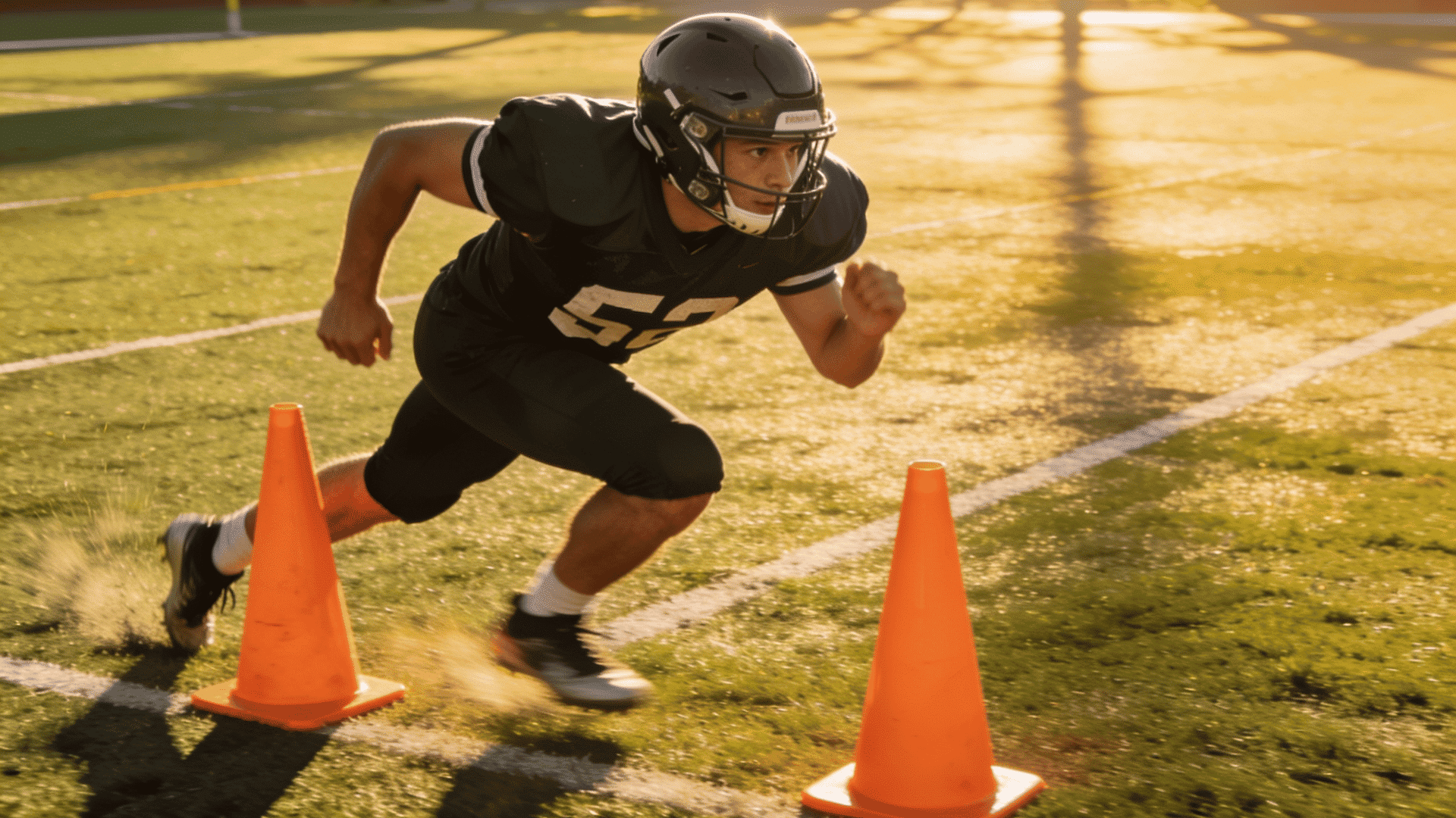 linebacker sprinting between orange cones during an agility drill on a sunny football field