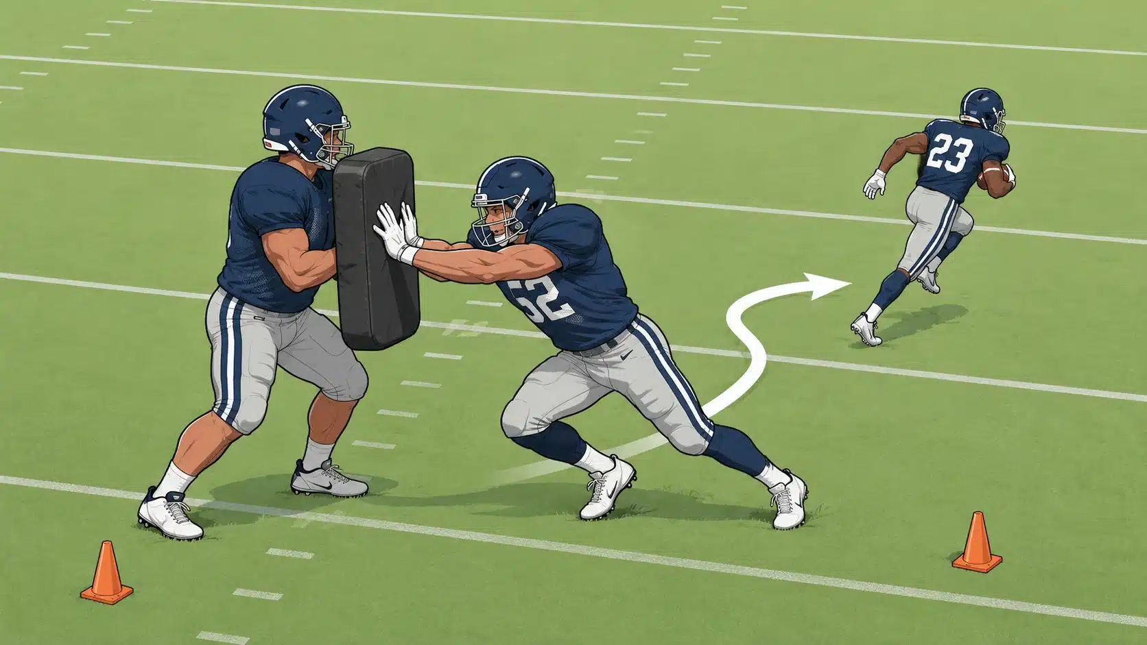 linebacker striking a blocking shield with both hands before shedding toward the ball carrier