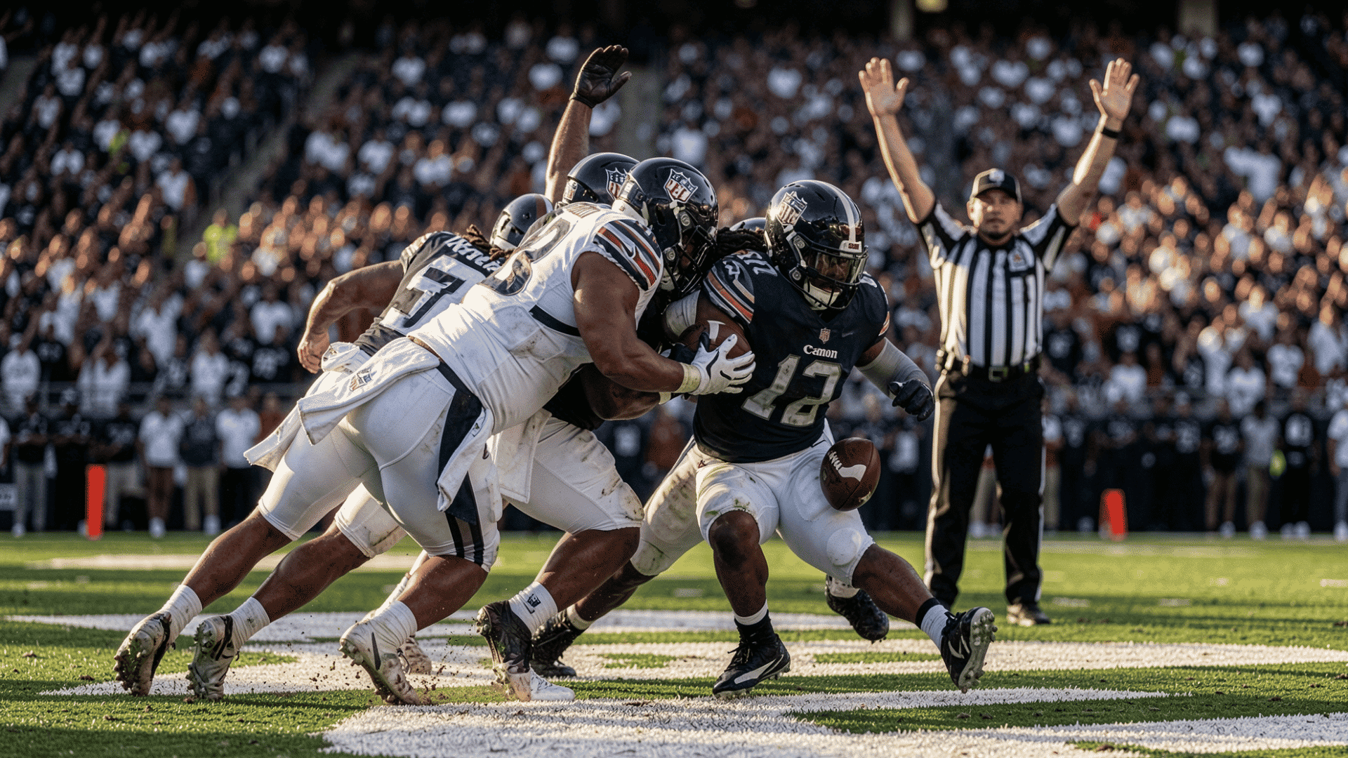 linebacker tackles quarterback past goal line into end zone referee signals safety overhead bright stadium lights fans blurred back