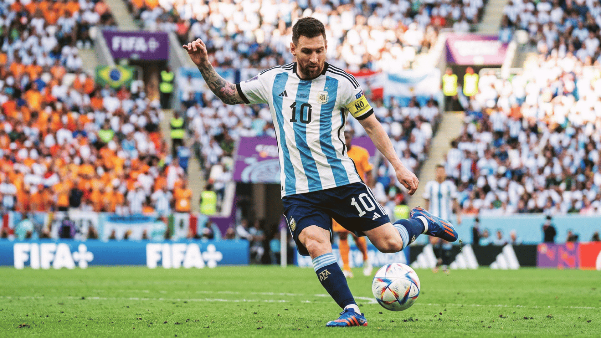 lionel messi playing on a football field during a professional match ready to make a goal