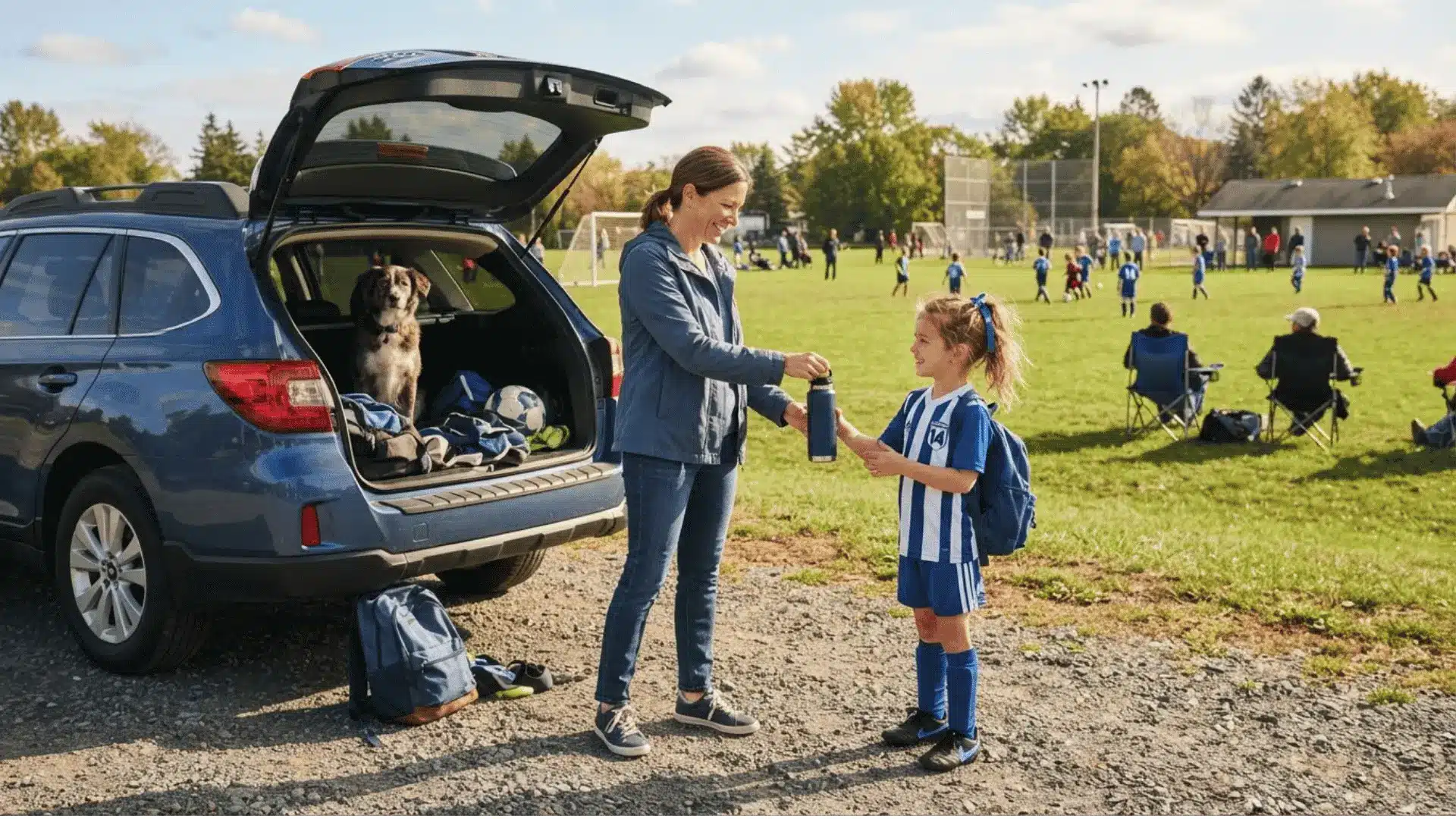 parent handing water bottle to child wearing football uniform next to parked family car