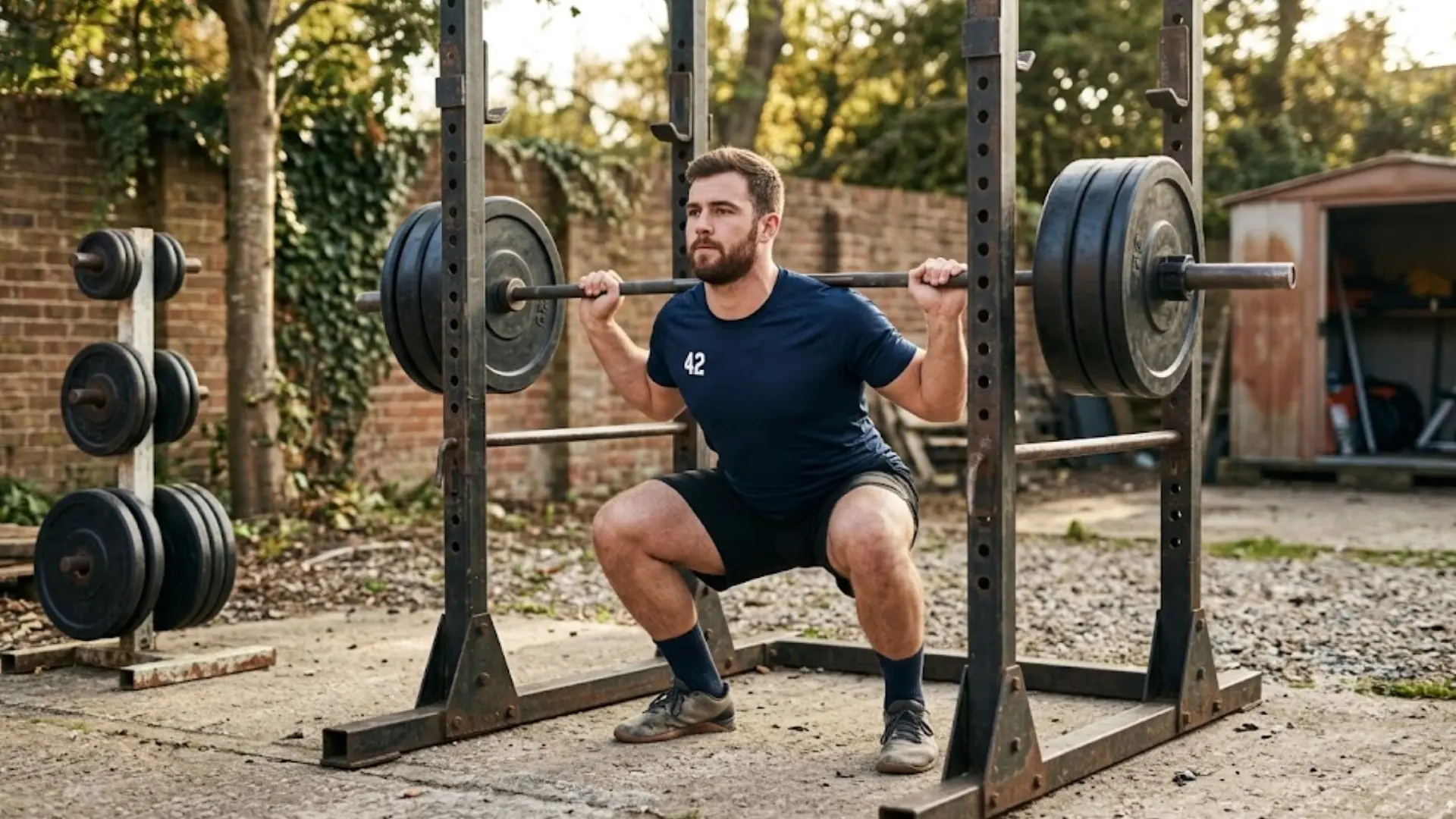 man performing barbell squat with heavy weight plates in an outdoor home gym setup