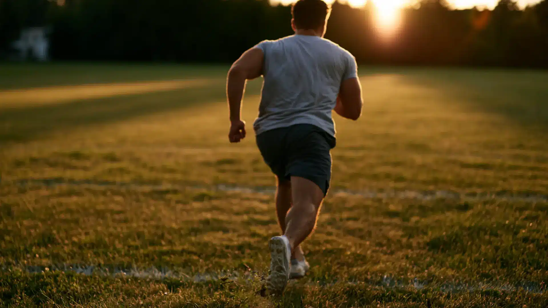 man running across a wide open grass field toward the golden setting sun in the evening