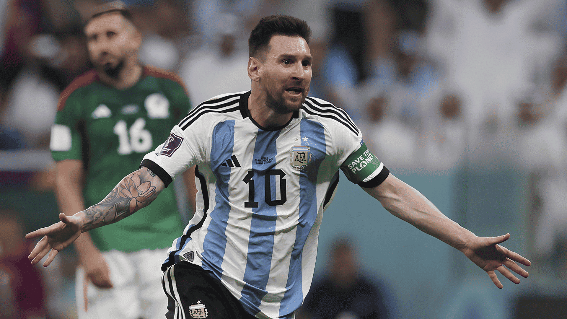 messi celebrating a goal in argentina jersey during the 2022 fifa world cup in qatar