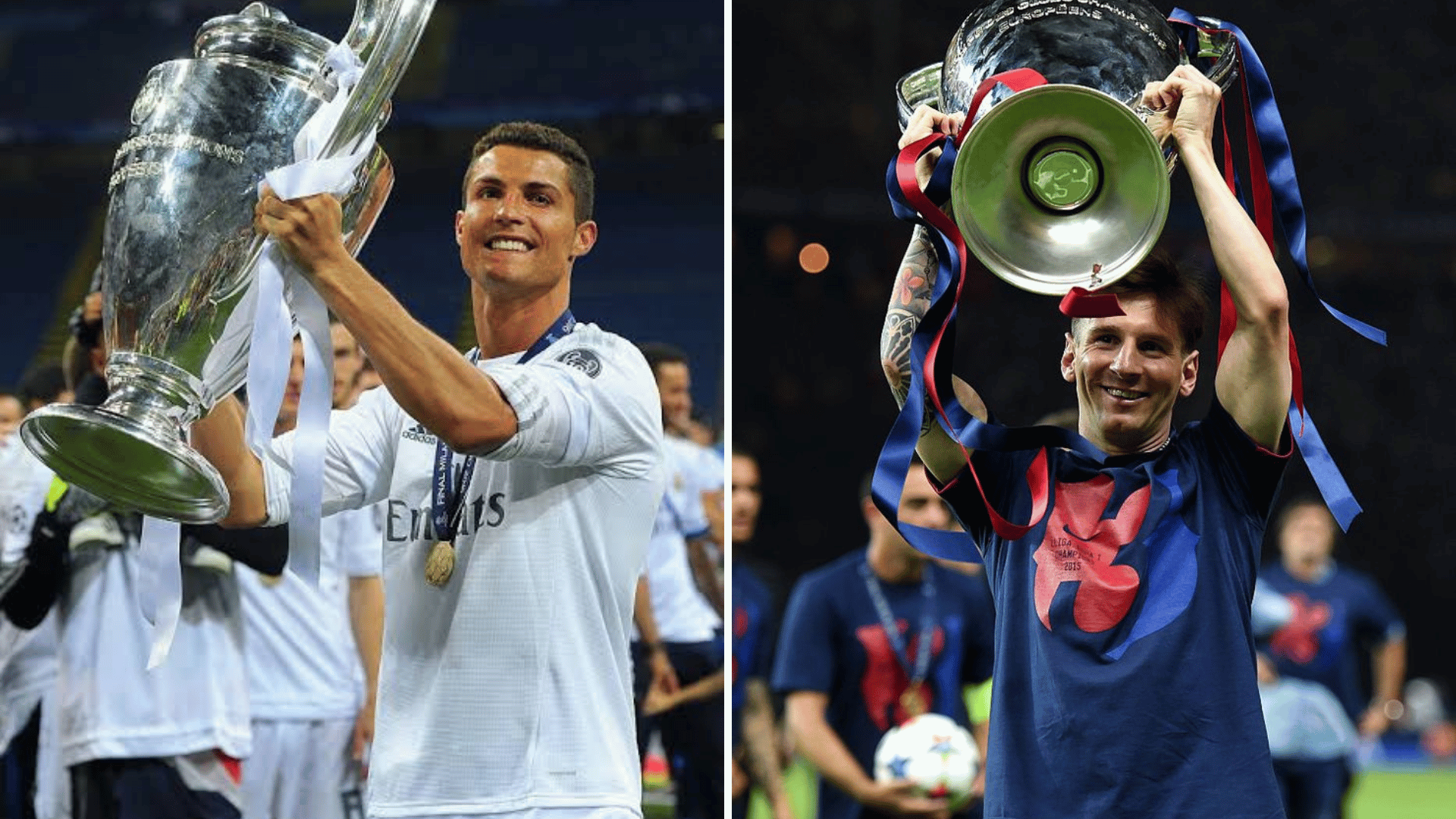 messi celebrating after winning a major domestic trophy ronaldo lifting the uefa champions league trophy