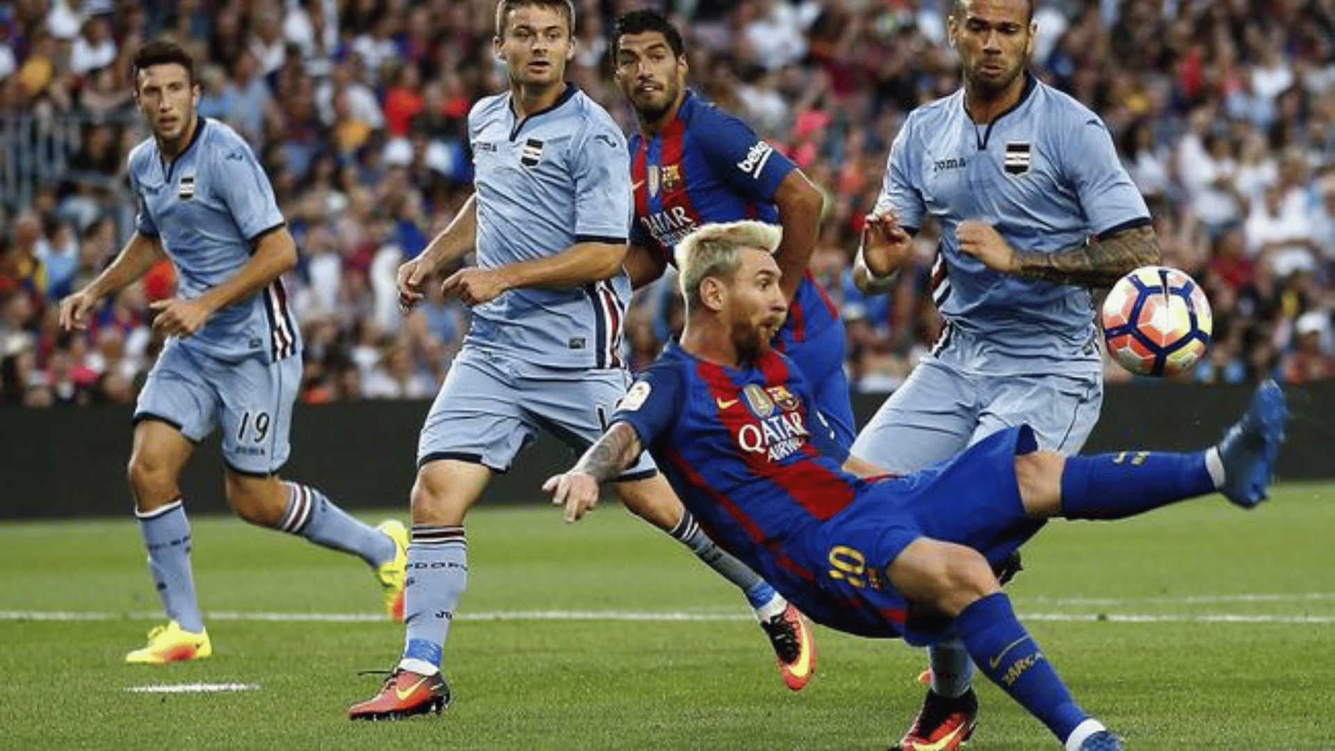 messi in barcelona jersey attempting an acrobatic shot surrounded by opposition defenders on the pitch