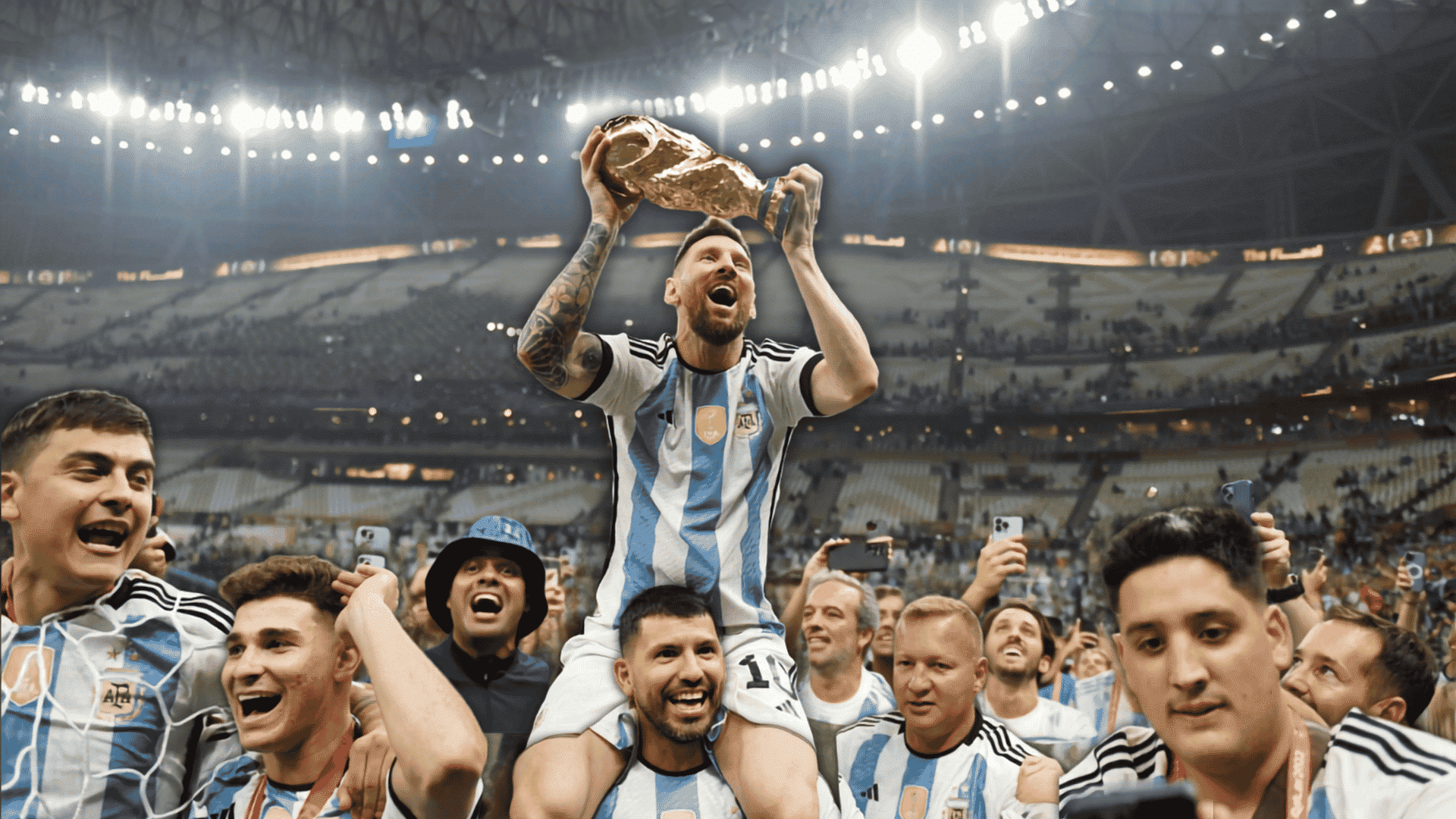messi lifting the fifa world cup trophy above his head after argentina beat france in 2022