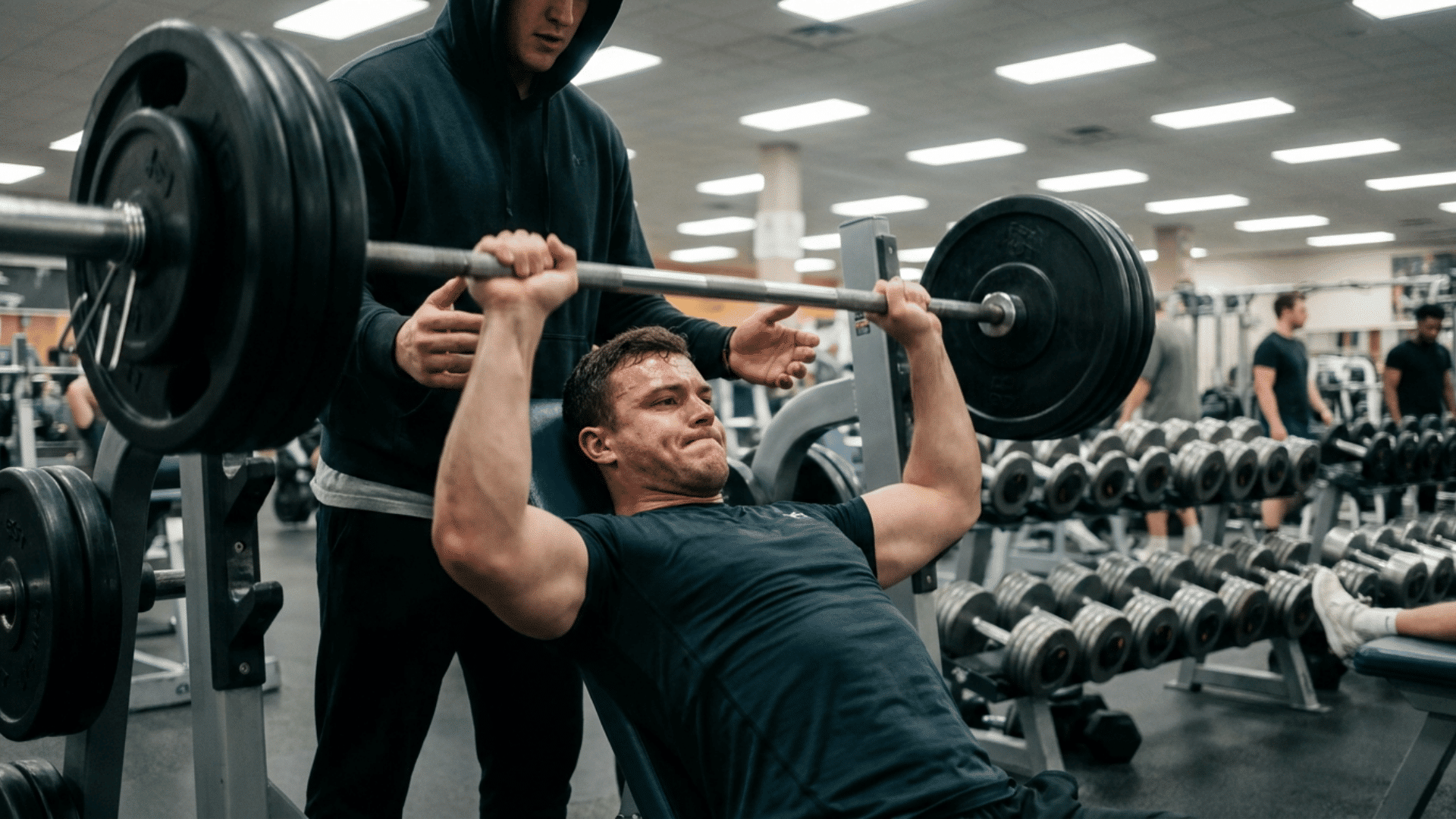 muscular athlete performing a barbell bench press with a spotter in a fully equipped gym