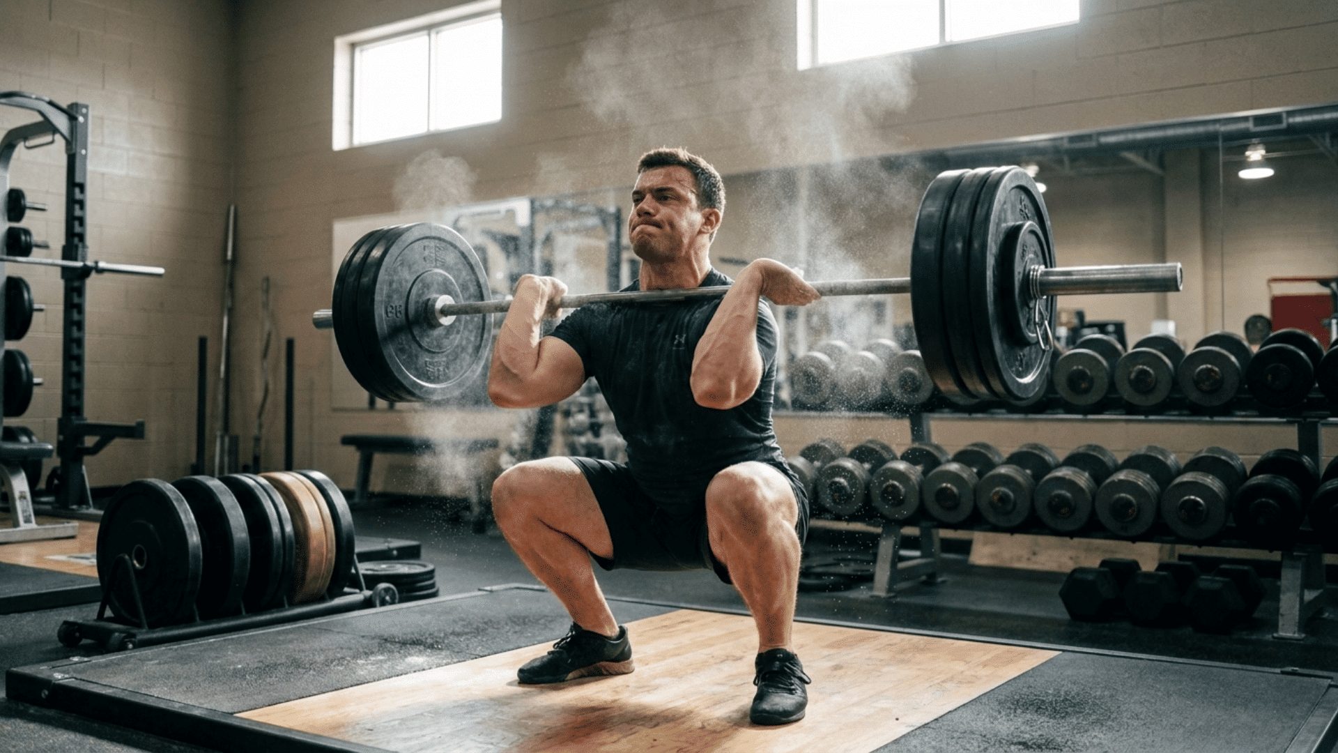 muscular athlete performing a power clean with a loaded barbell on a gym platform