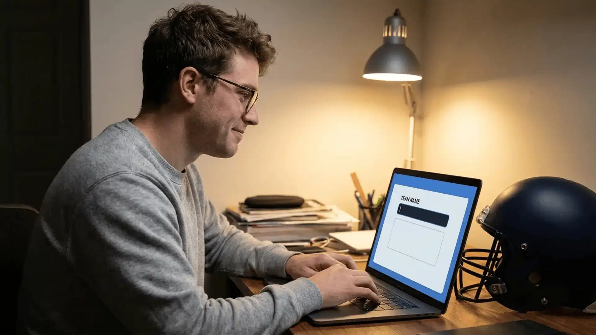 man sitting at a desk smiling while entering his fantasy football team name on a laptop