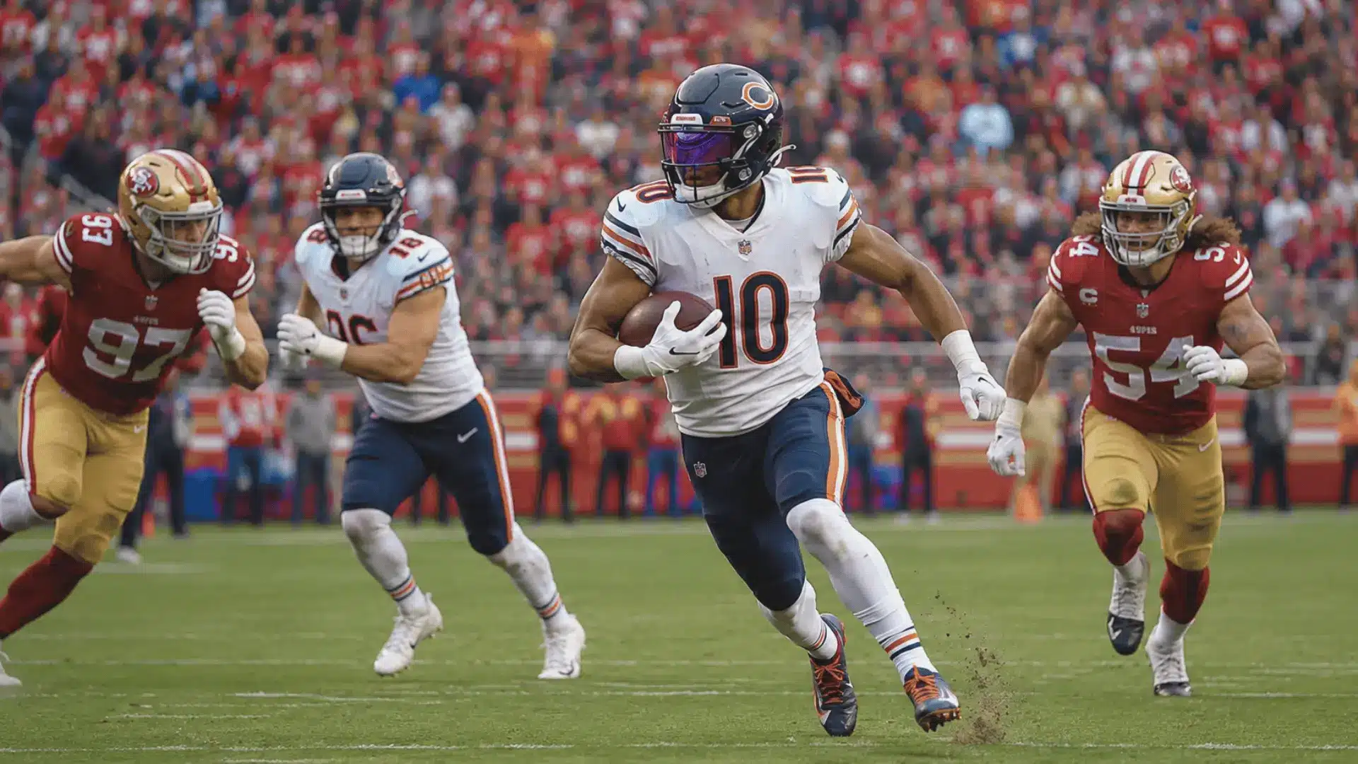 fantasy football player in white jersey runs with the ball while defenders chase him across the field