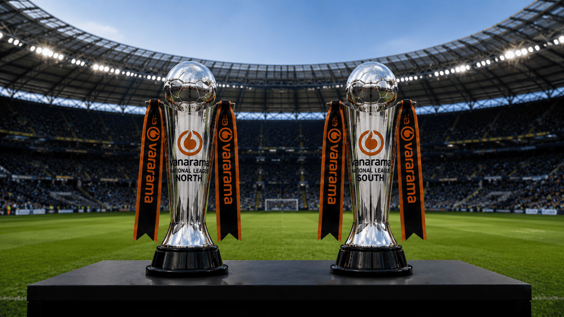 national league north and south trophies displayed side by side inside football stadium