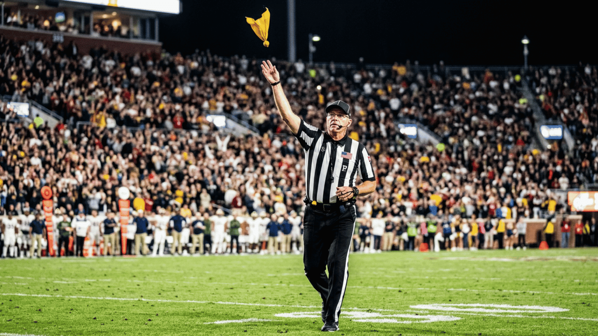 ncaa referee throwing a yellow penalty flag on a college football field during a game