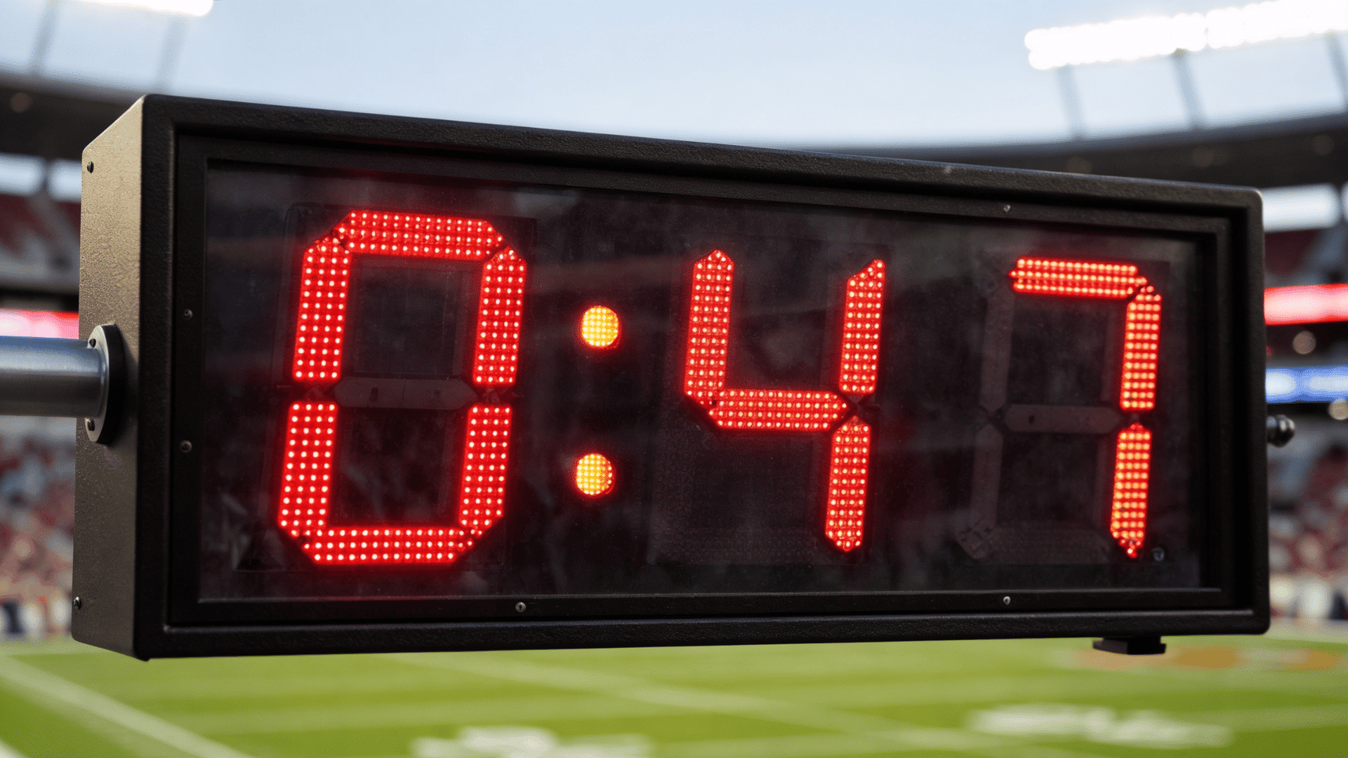 nfl stadium game clock showing 0 47 in fourth quarter with red led digits in sharp detail