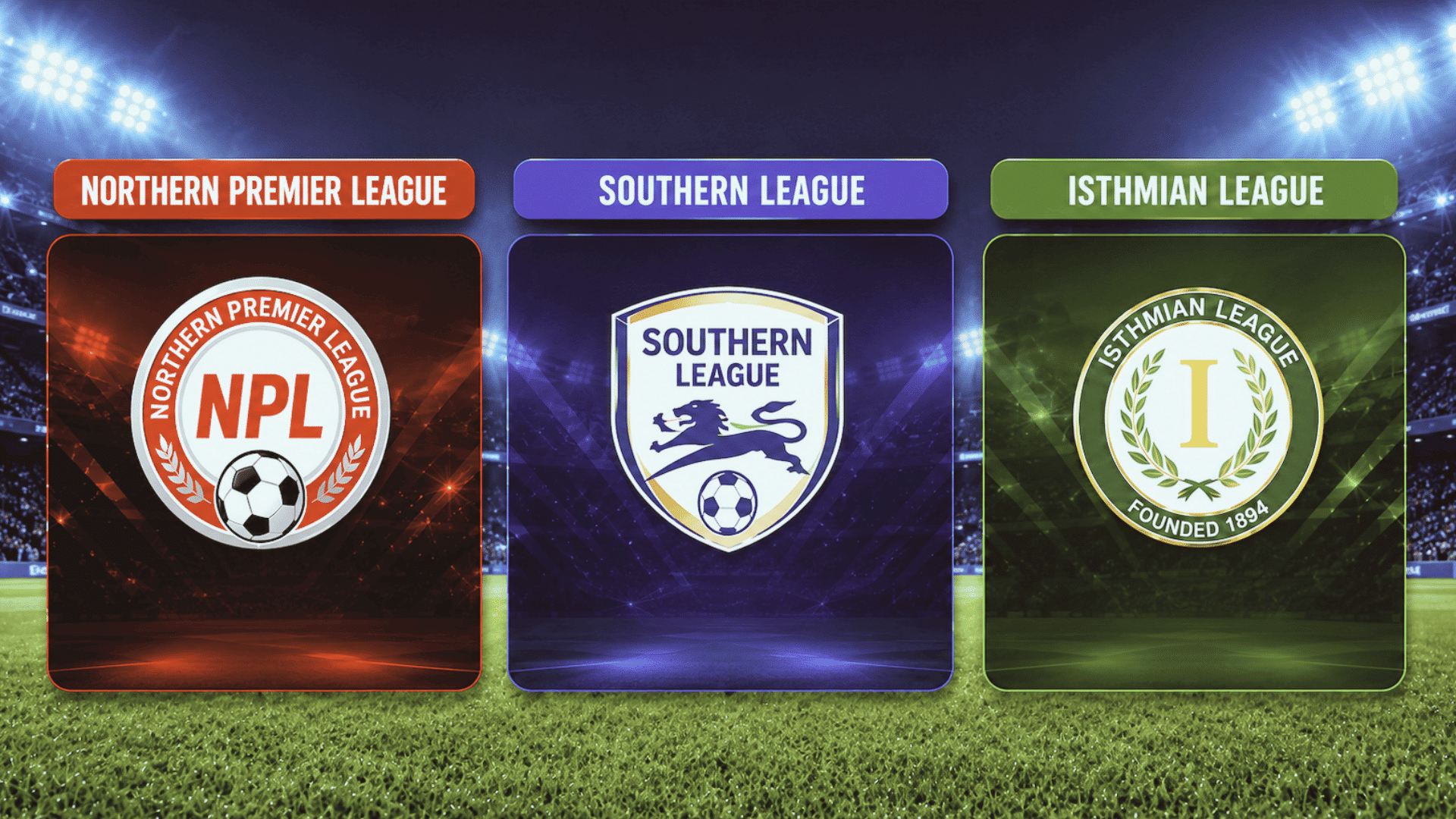 northern premier league southern league and isthmian league logos displayed inside a football stadium