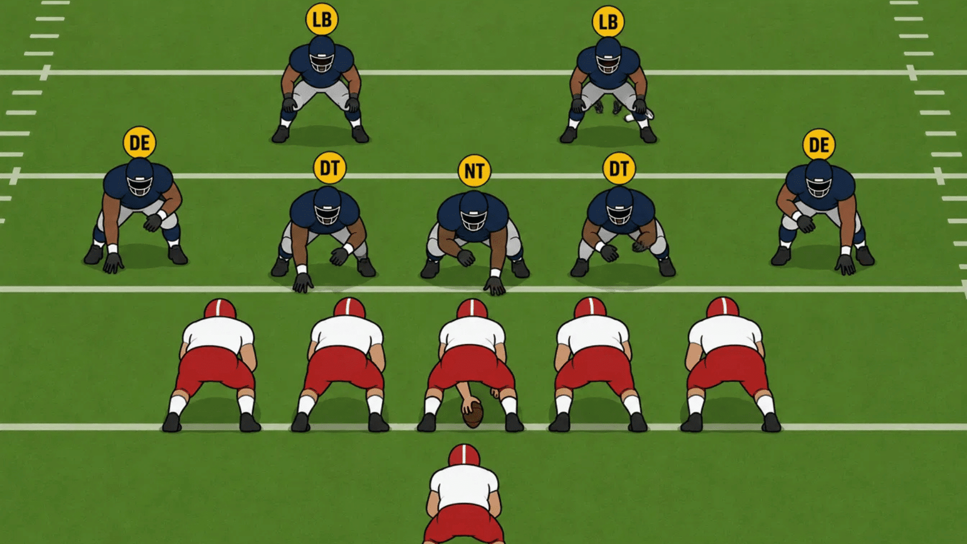 nose guard role in a 3-4 defense scheme with labeled nt dt de and lb positions on field