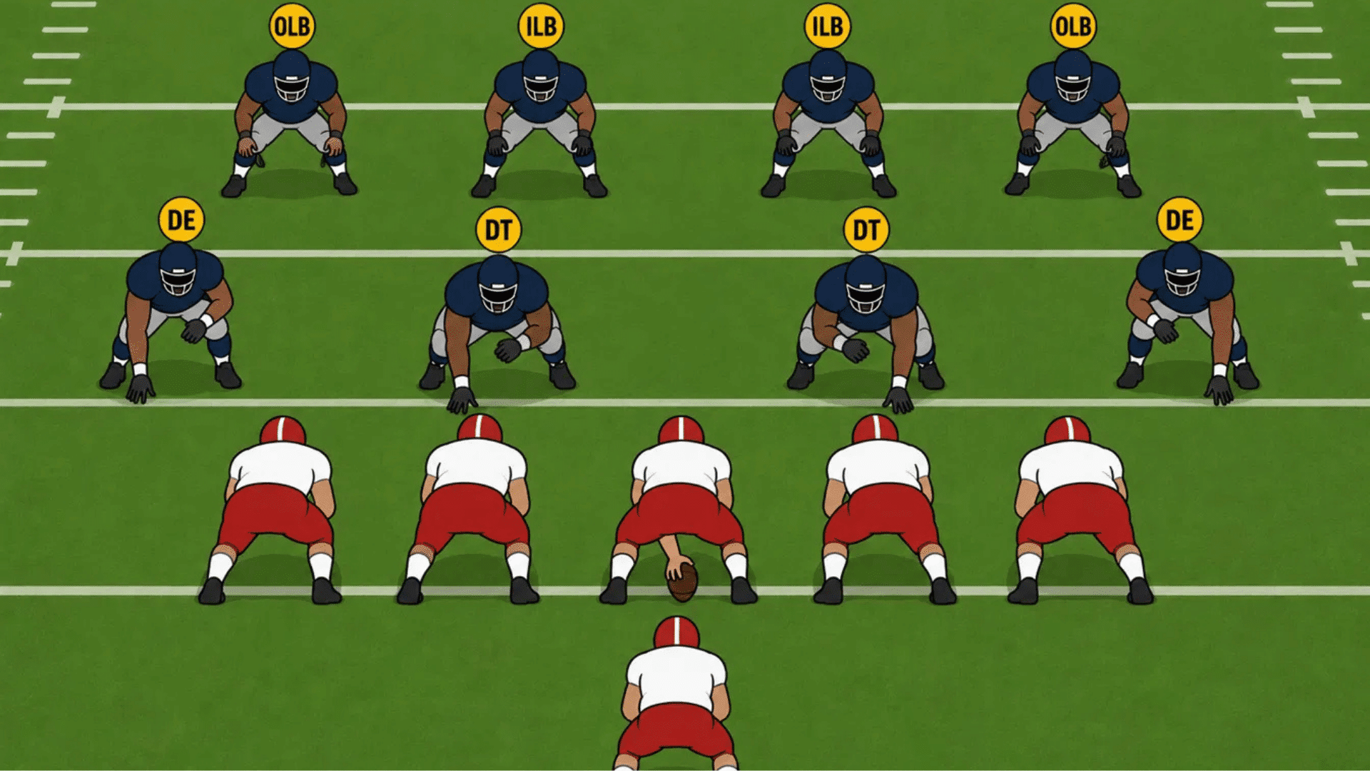 nose guard role in a 4-3 defense scheme with labeled dt de olb and ilb positions on field
