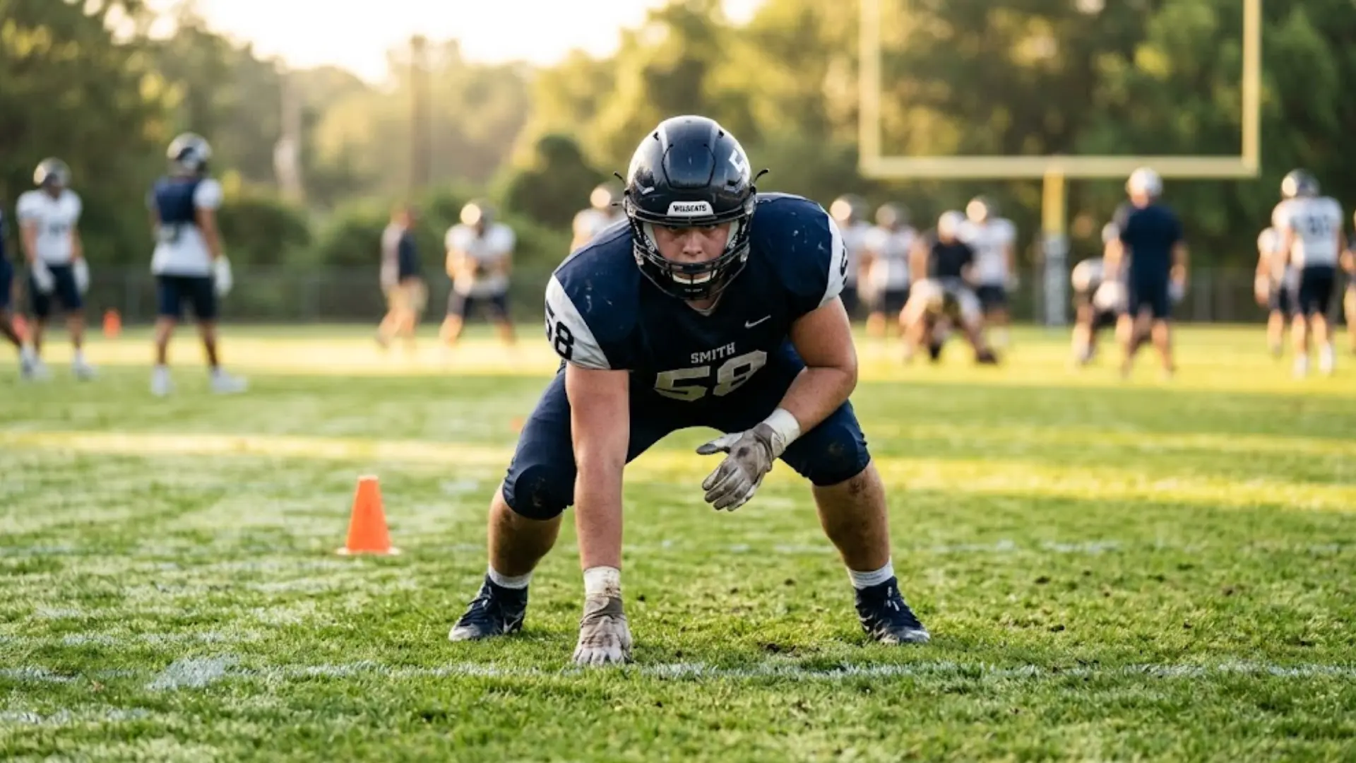 offensive lineman crouches in three point stance during practice on open grass field