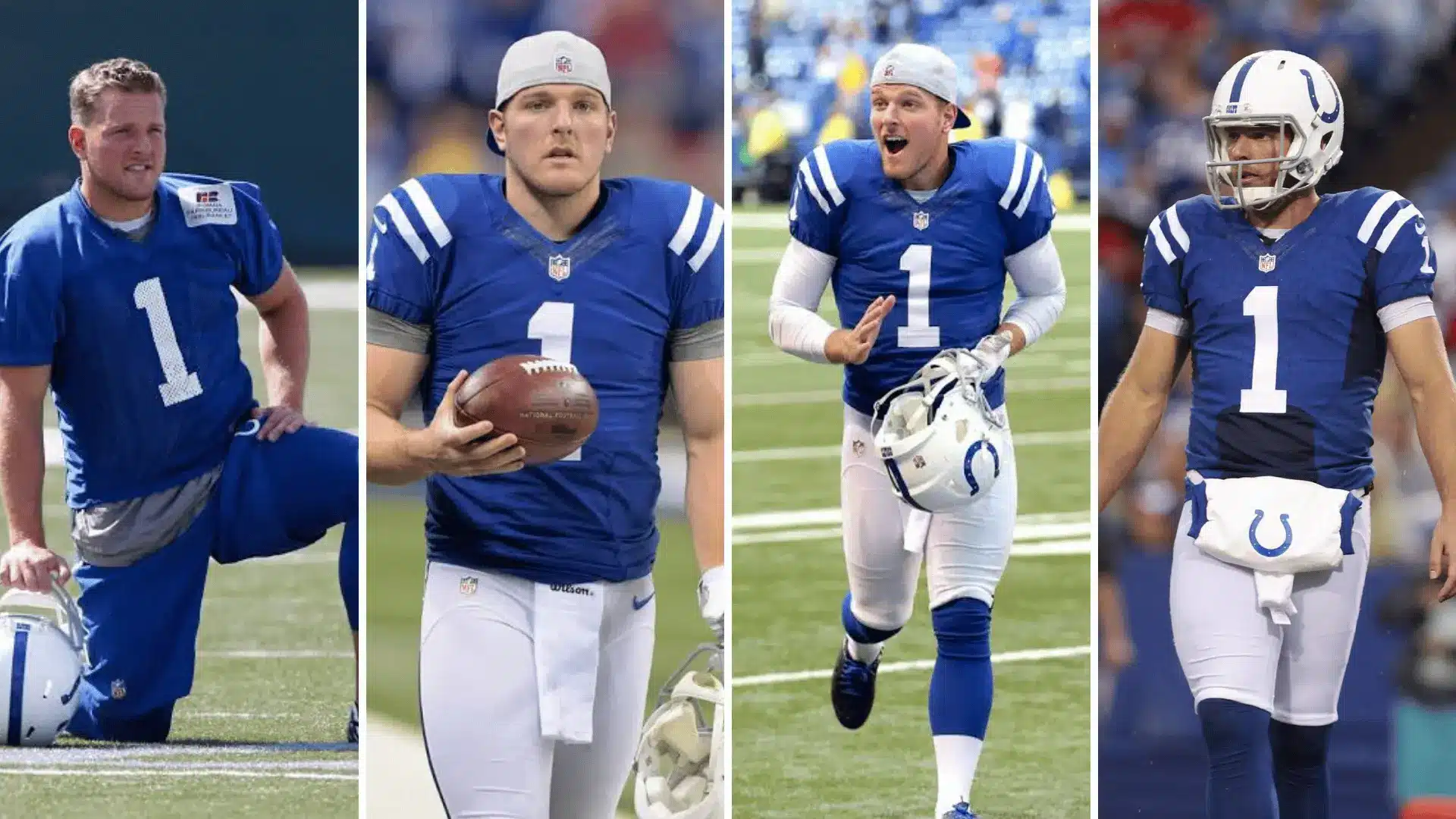 an american football player in a blue number one uniform shown in four poses on the field holding a helmet and football