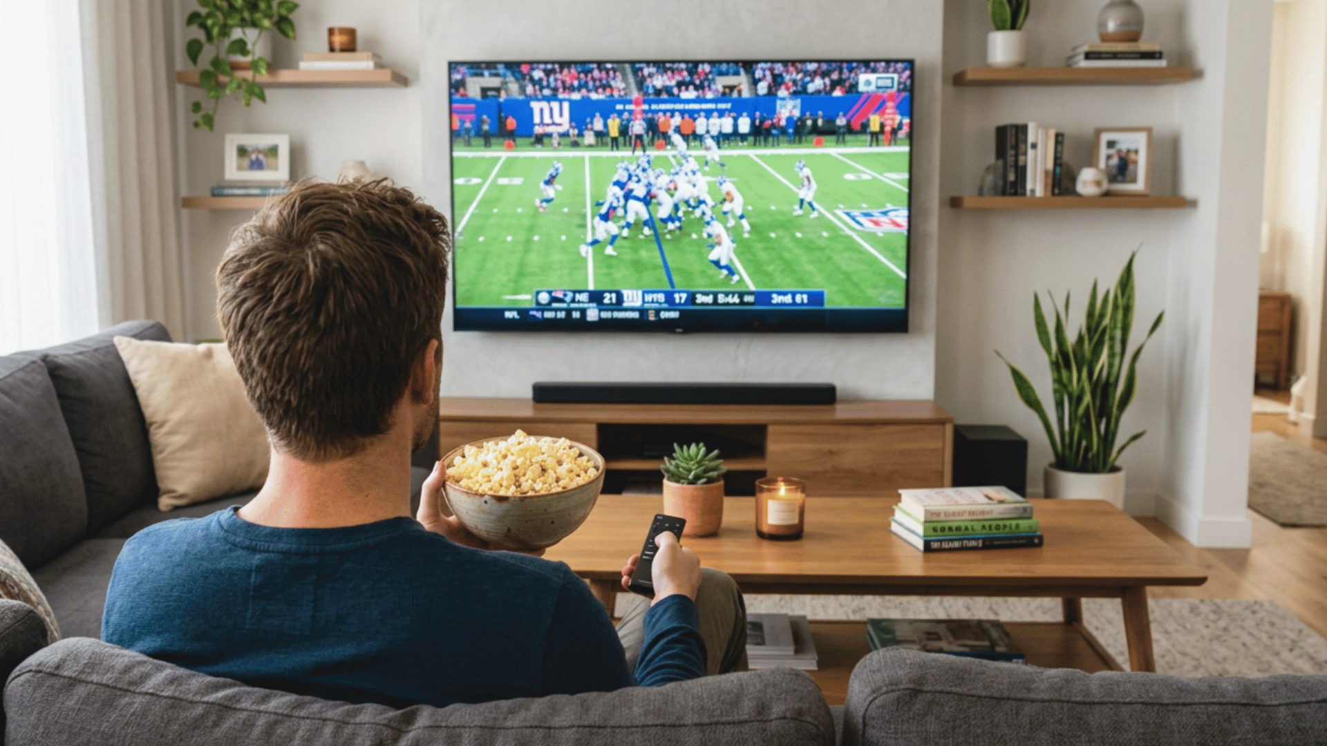 person relaxing on a sofa watching an american football game on a large television at home