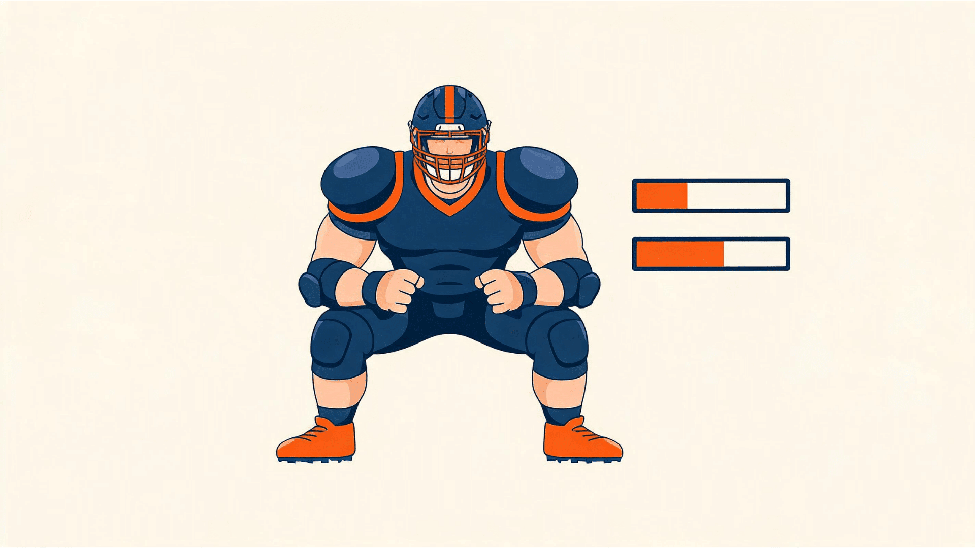 pixel art style illustration of a football player in a blue uniform squatting next to two status bars