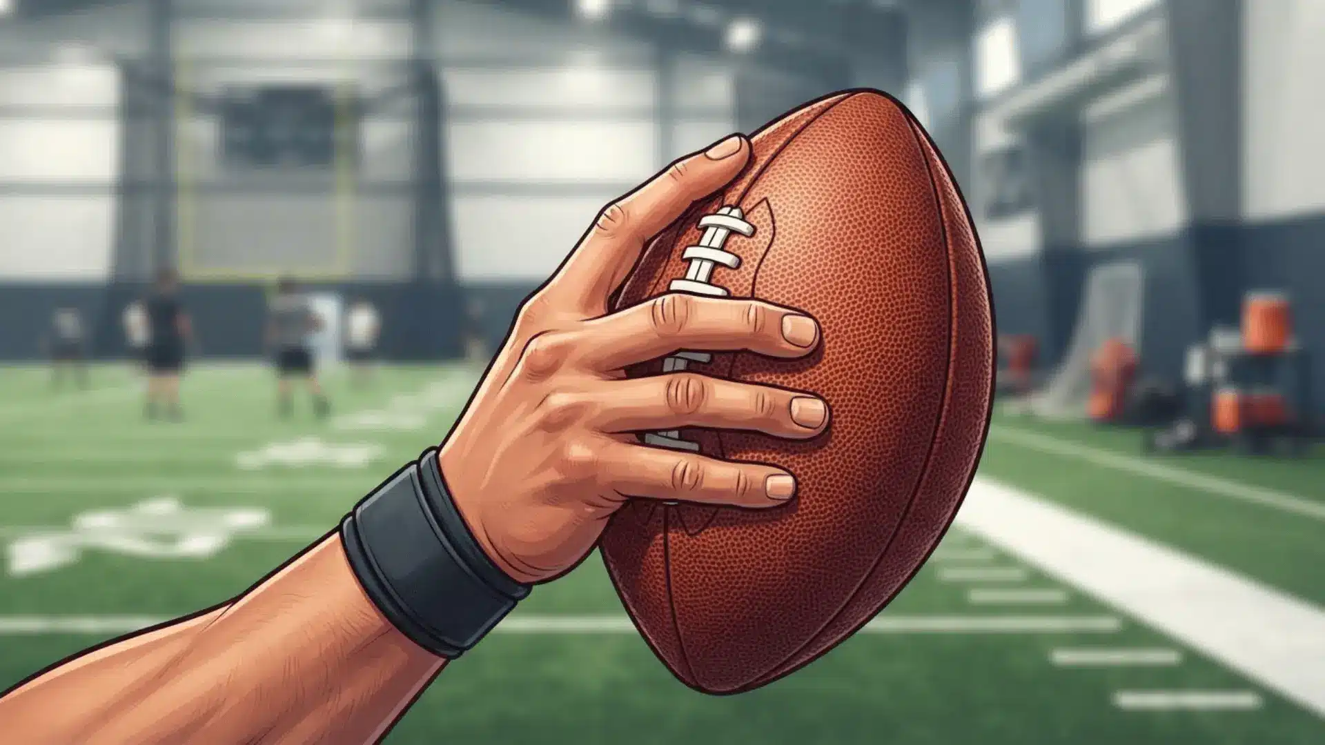 a hand with a black wristband holds a football upright by the laces on an indoor practice field