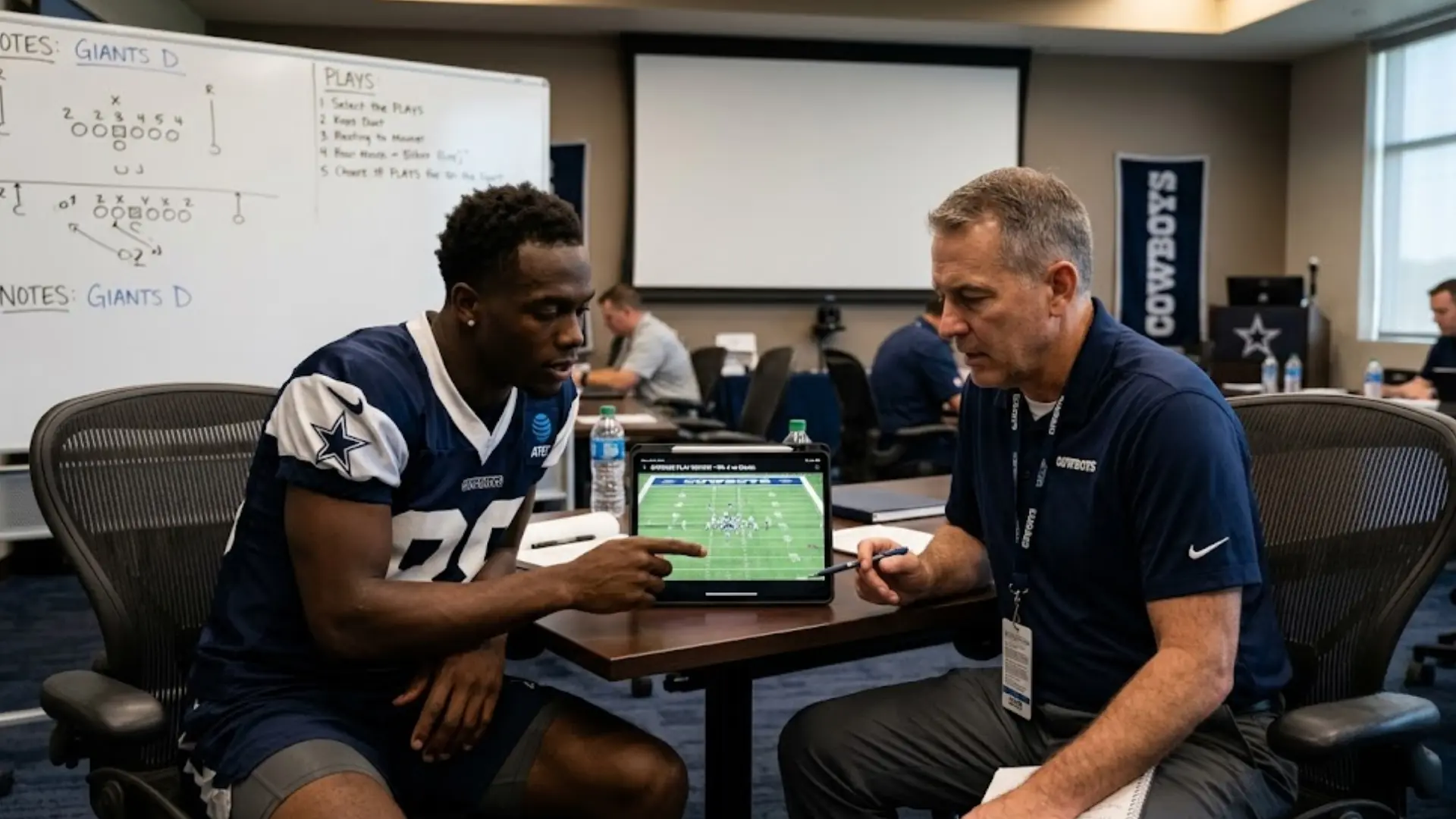 player and coach review game footage on tablet during film session in meeting room