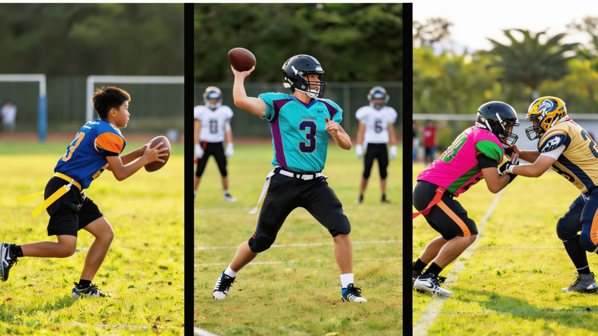 player in a blue running with a football a player in a teal throwing right panel depicts two players fighting for ball