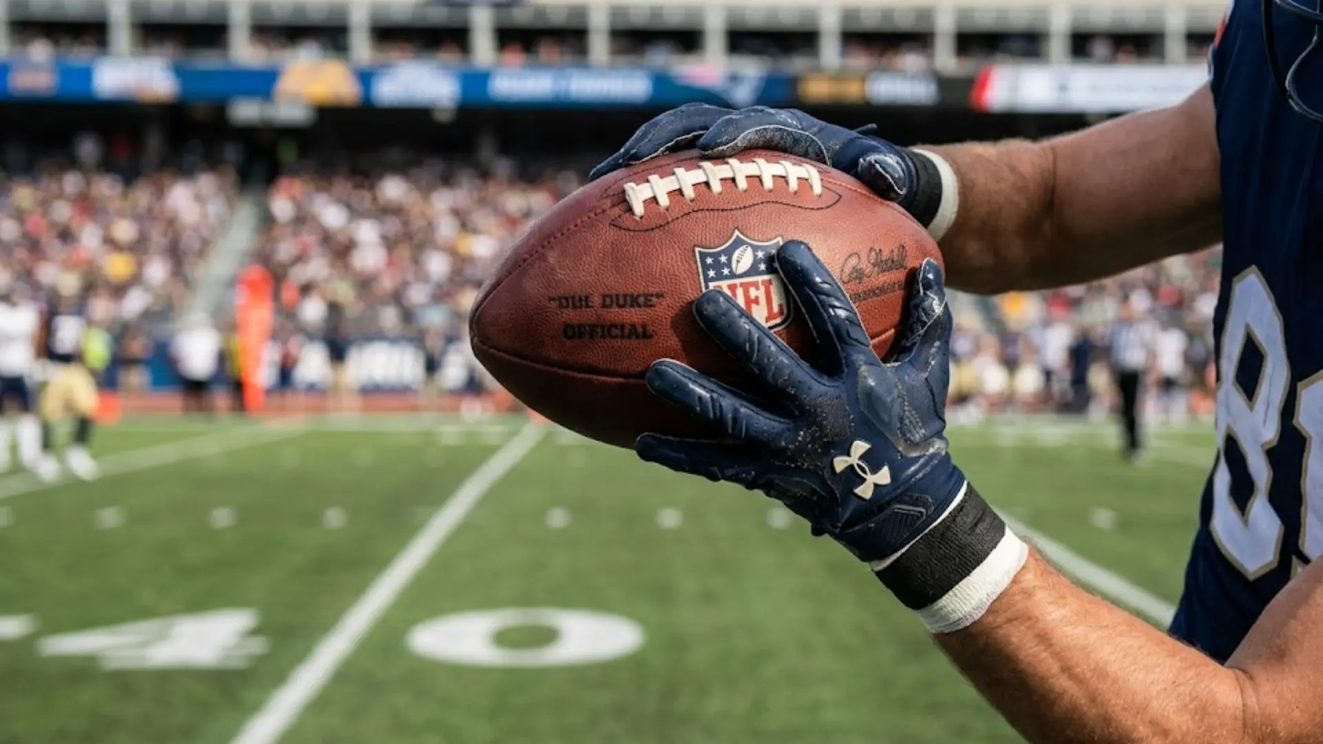 player wearing gloves holds official nfl football close up near the forty yard line marker