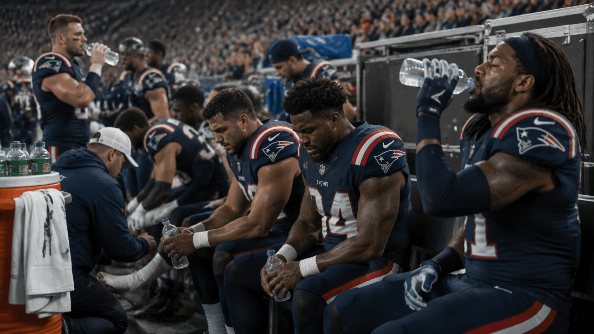 players resting and drinking water on sideline during football game halftime with focus on recovery and team support atmosphere