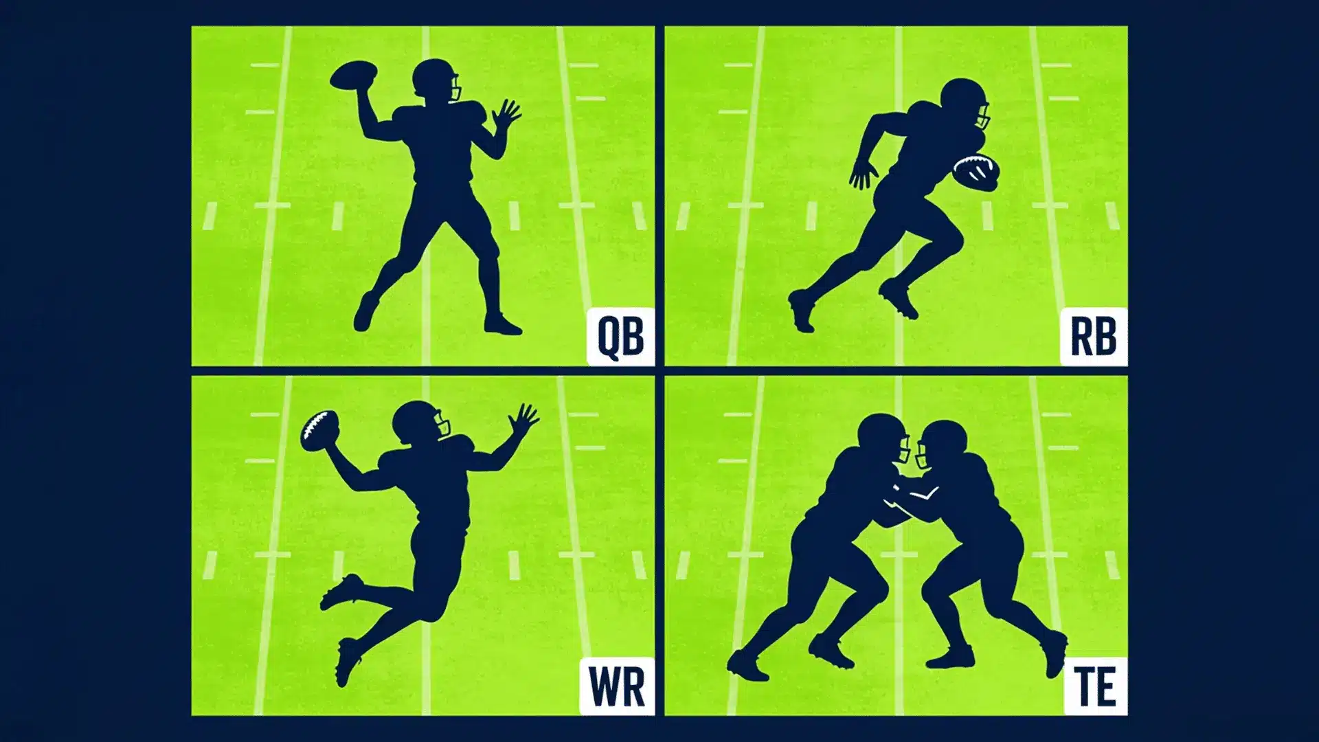 football position silhouettes show qb rb wr and te actions on a bright green field in a four panel graphic