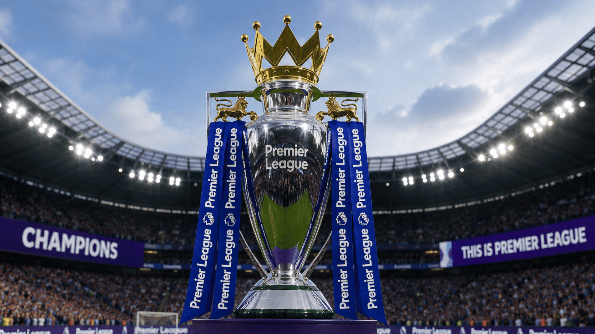 premier league trophy displayed on pitch with stadium lights and cheering supporters