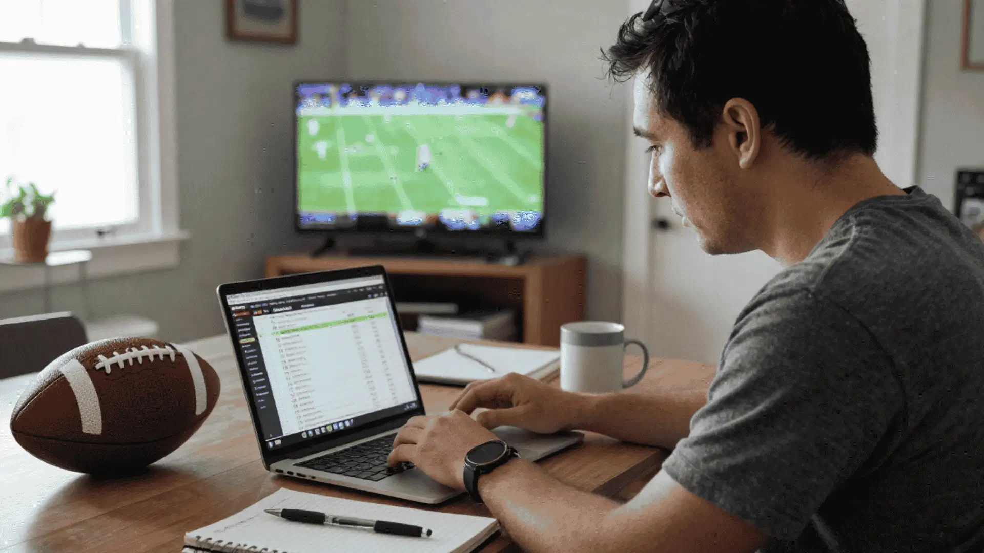 man managing a fantasy football draft on a laptop while a game plays on tv in the background
