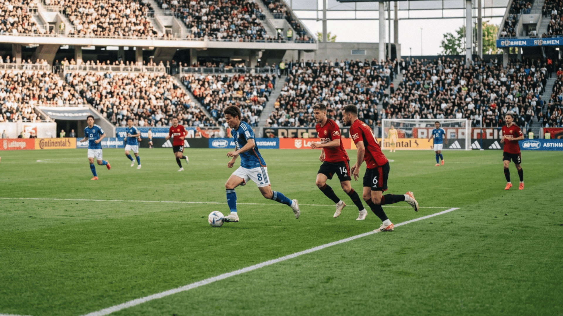 professional soccer players in action on a green field during an afternoon match