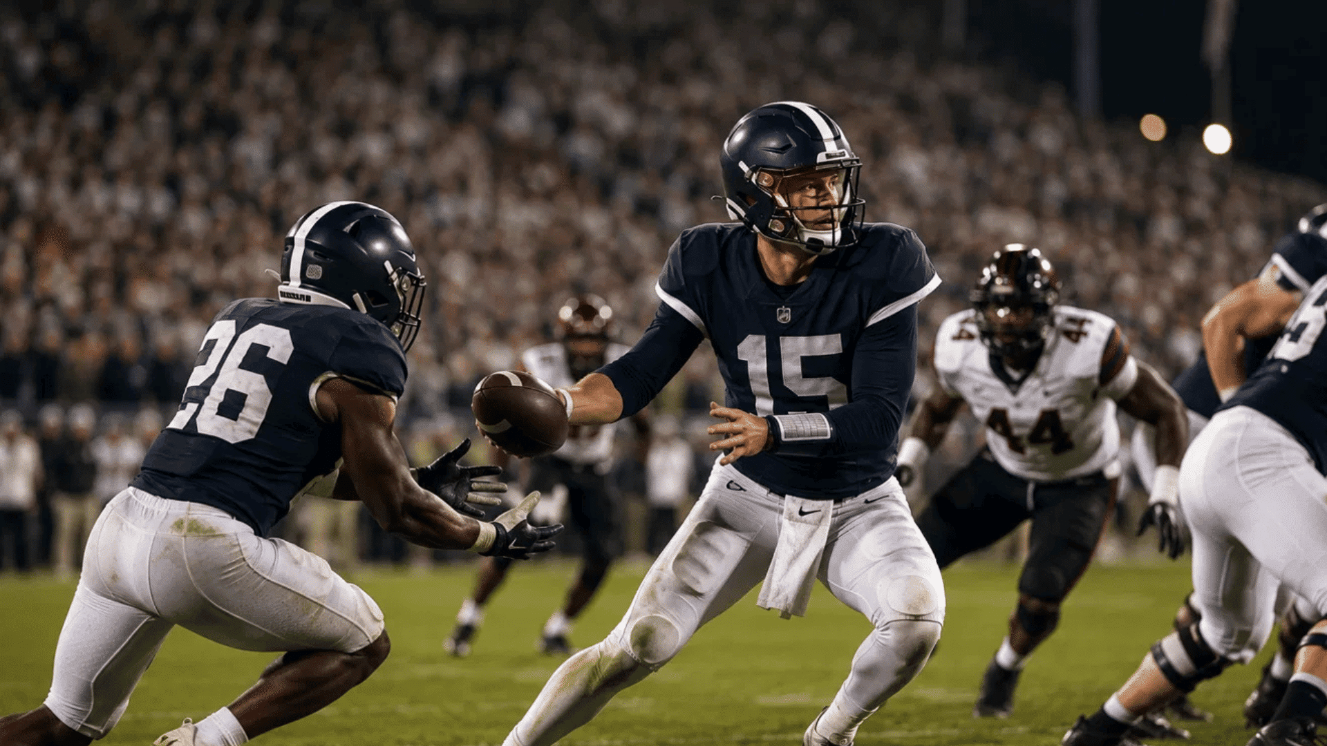 quarterback number 15 hands off to running back number 26 during a night game