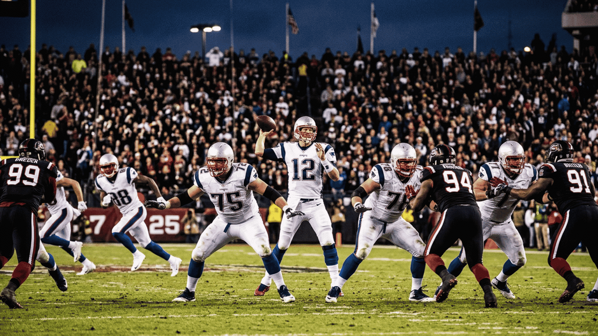 quarterback standing in the pocket ready to throw downfield behind offensive linemen blocking in pass protection during a football game