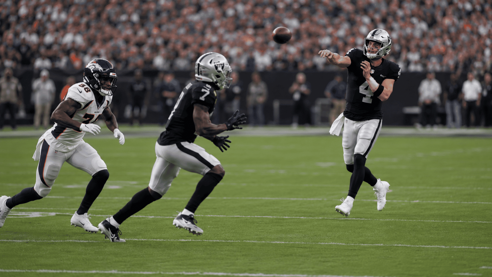 quarterback throws a quick pass to a receiver on a shallow drag route with a defender chasing (1)