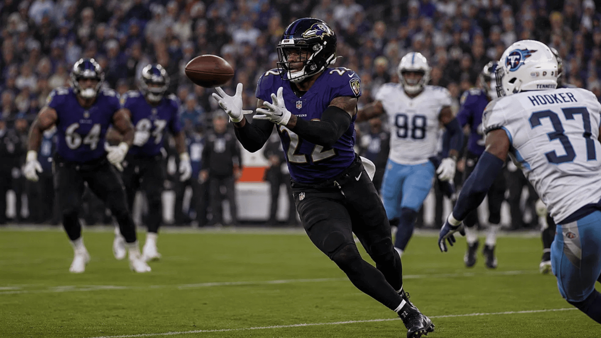 ravens number 22 catches a pass out of the backfield against the tennessee titans