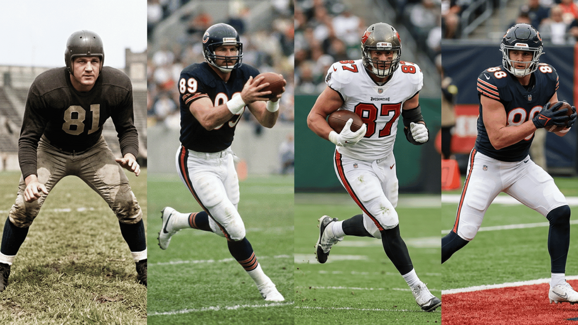 realistic collage showing nfl tight end evolution from blocker to versatile receiver blocker across mike ditka to travis kelce eras