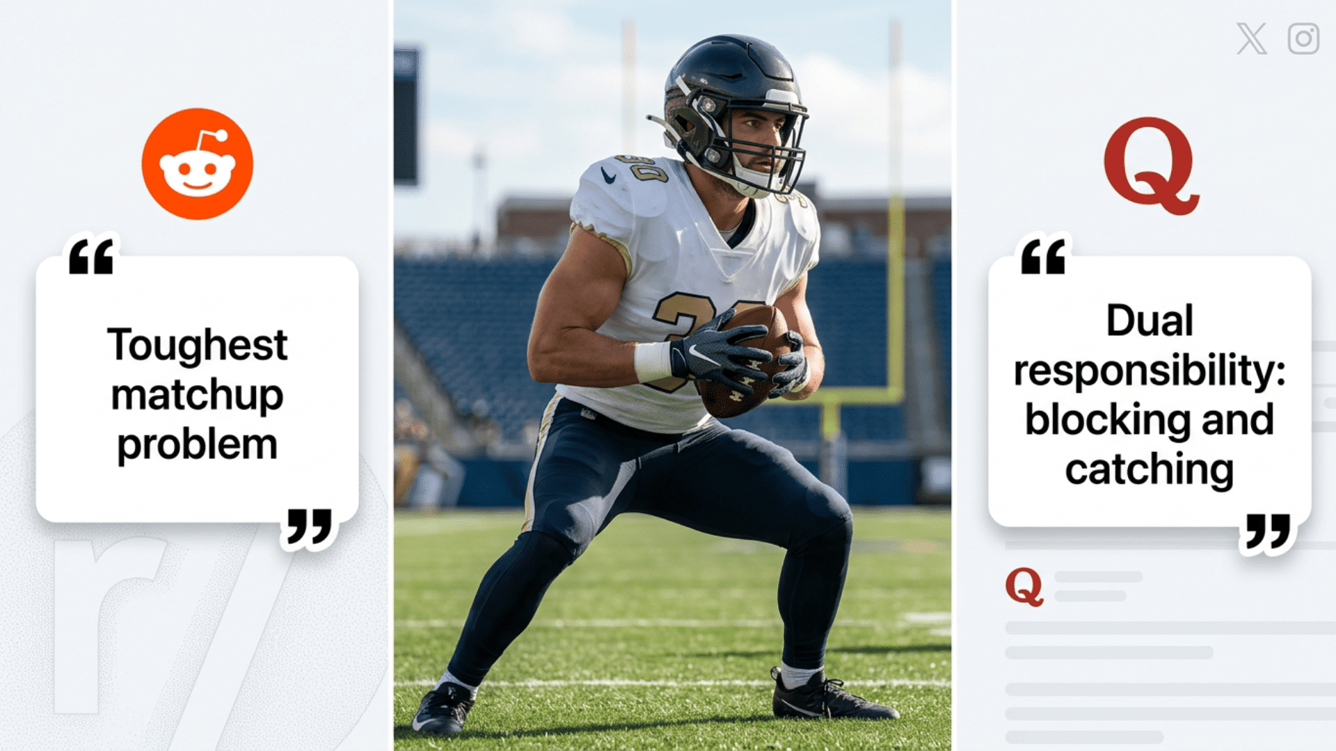 realistic collage showing tight end versatility with reddit quora icons and quotes on matchup problem
